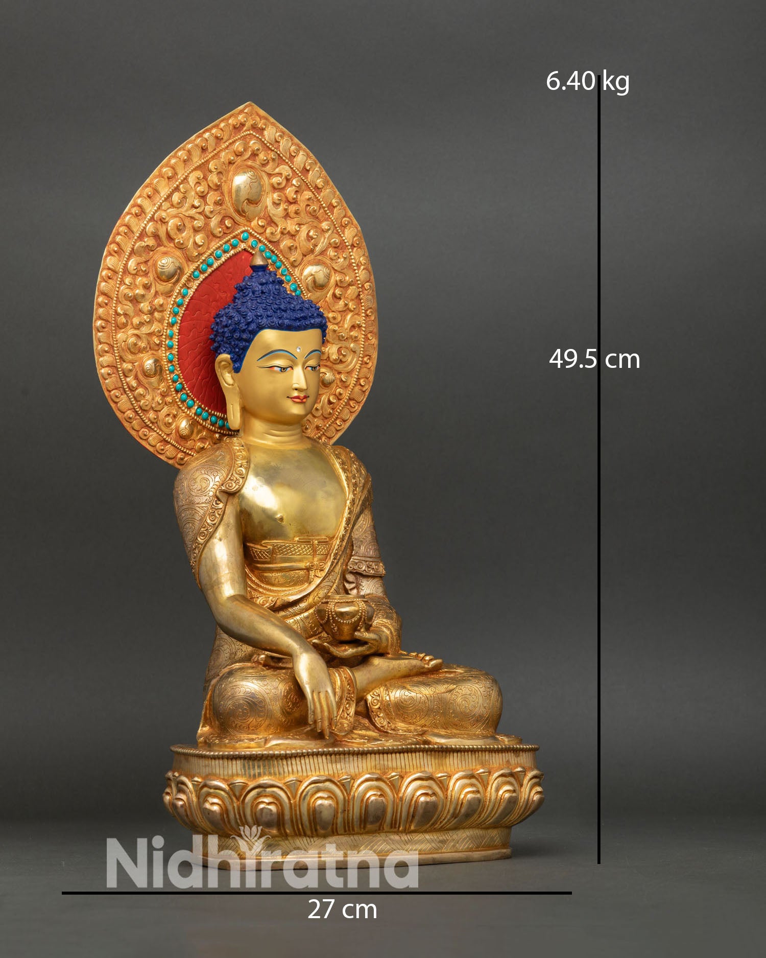 Buddha Shakyamuni statue side view handcrafted copper Buddhist art relief carving gold gilded face meditation room altar decor Nepal