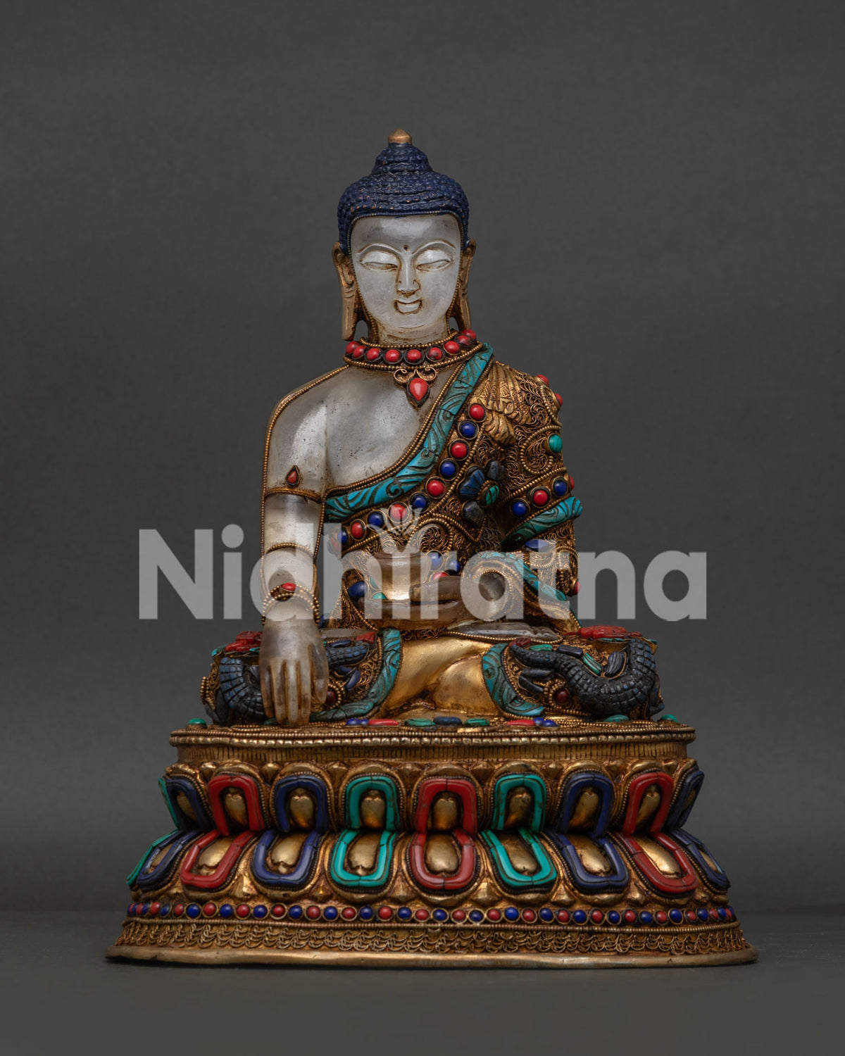 Buddha Shakyamuni statue with crystal body and gold gilded Newari filigree artwork