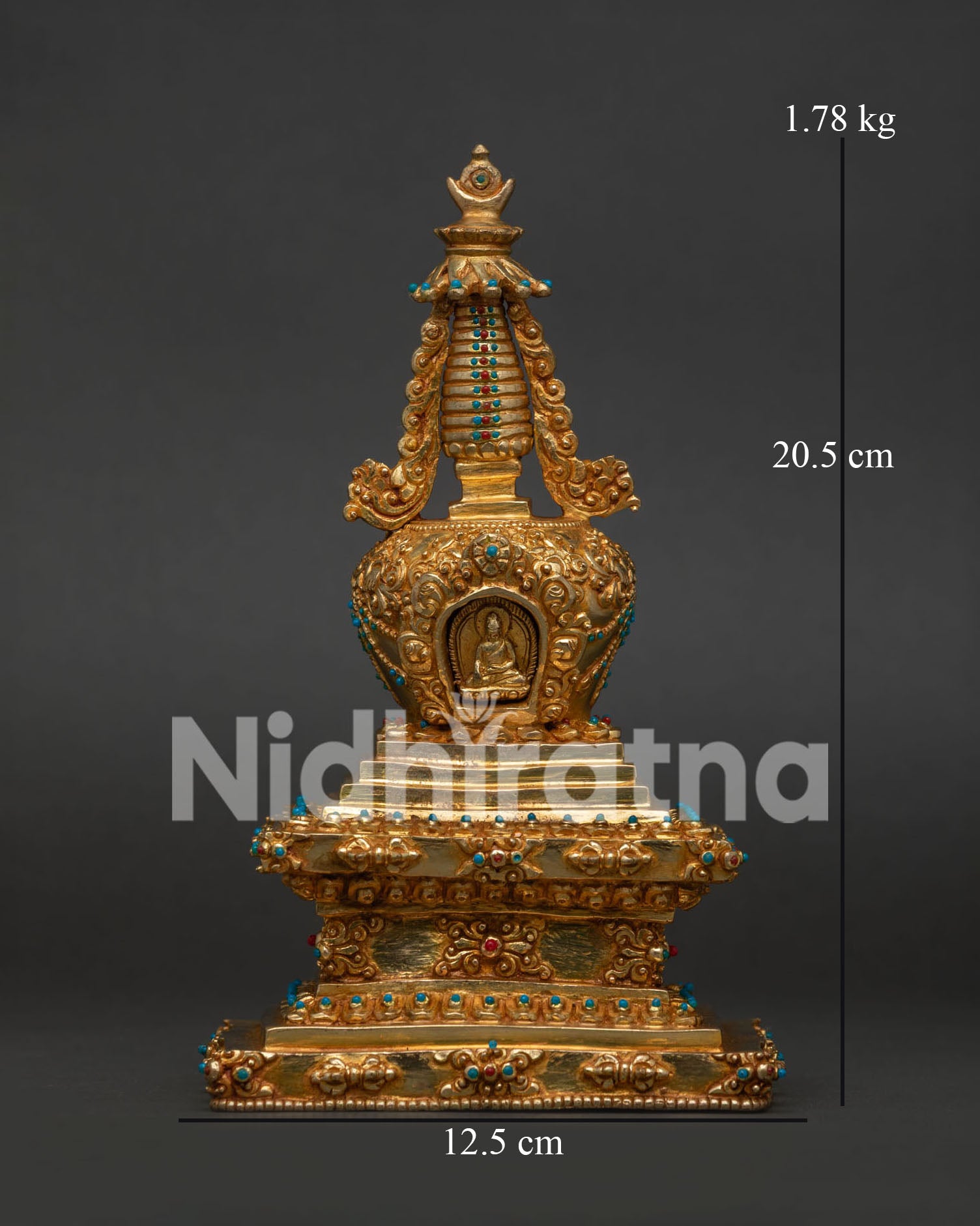 Buddha Shakyamuni Stupa with gold plated copper and semi precious stones