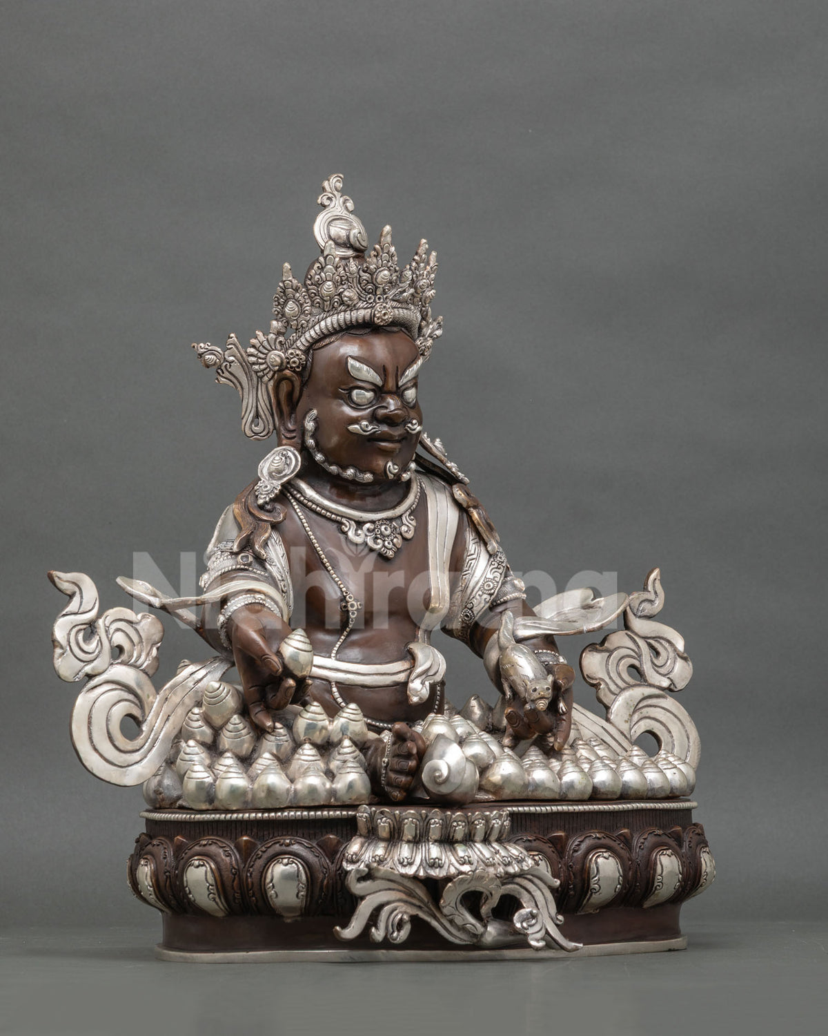 Buddhist Dzambhala Wealth Deity Statue with Oxidized and Silver Plated Copper Finish