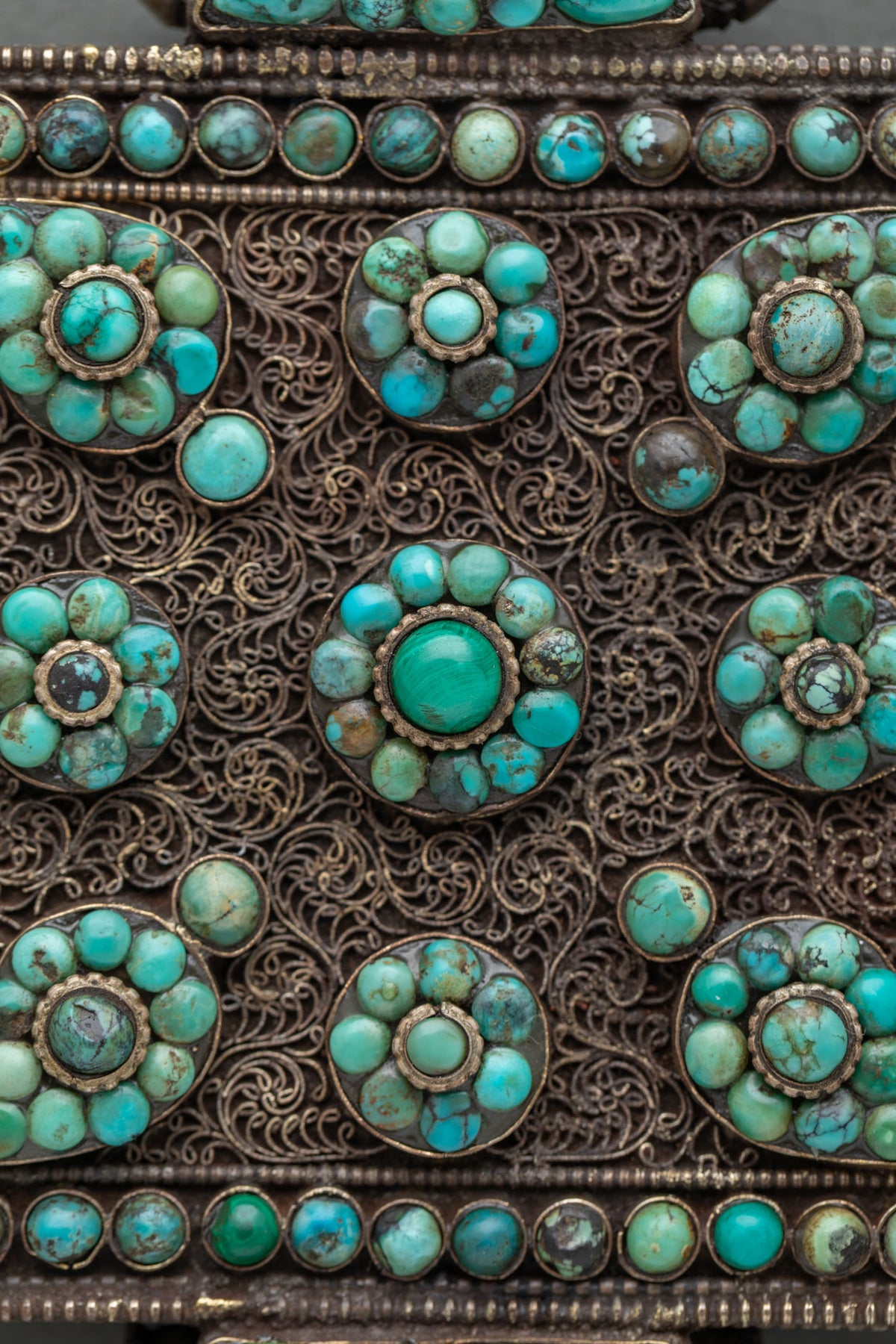 Buddhist Ghau Mala with copper filigree and gemstone inlay