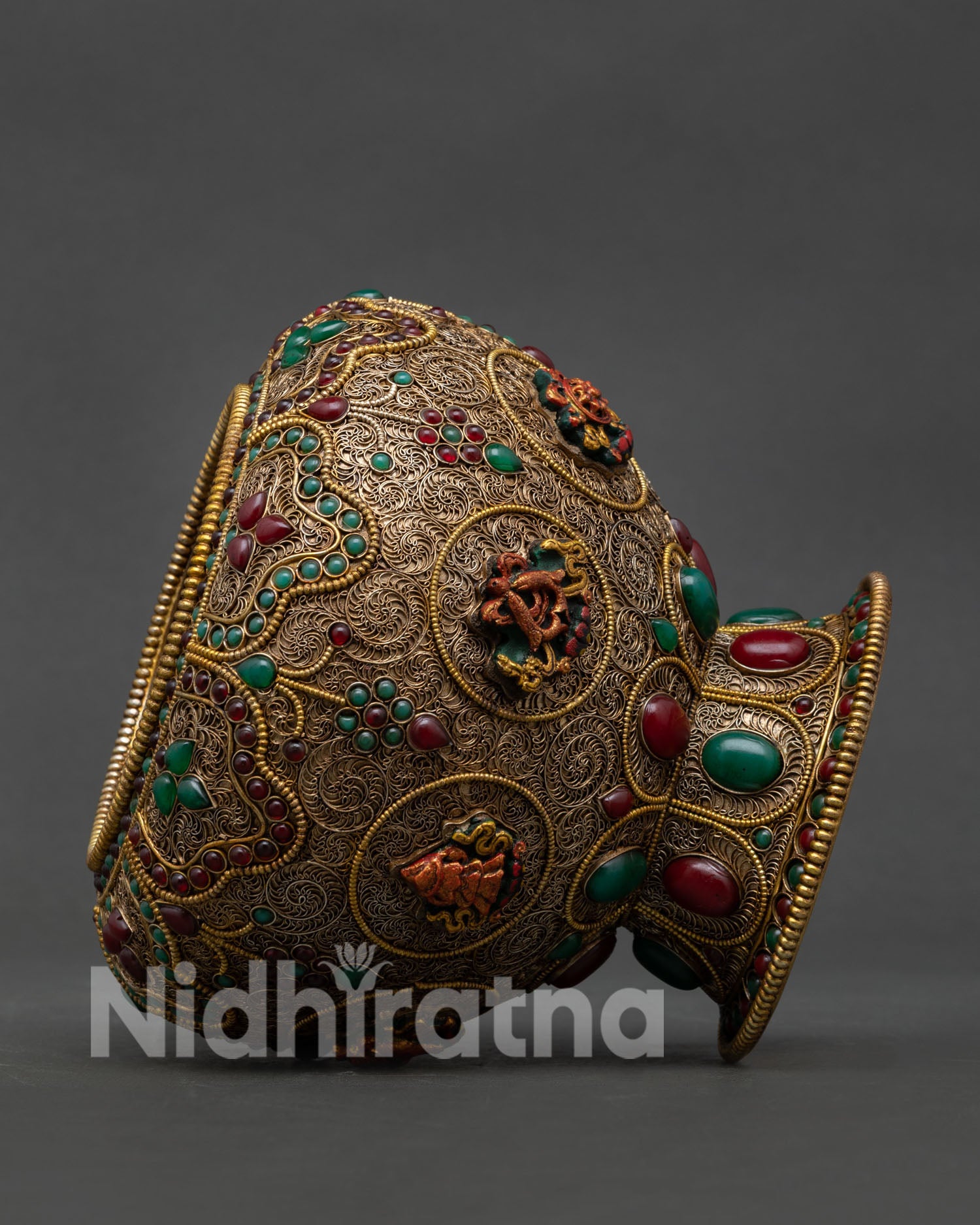 Buddhist rice pot with gold plated copper and semi precious gemstones