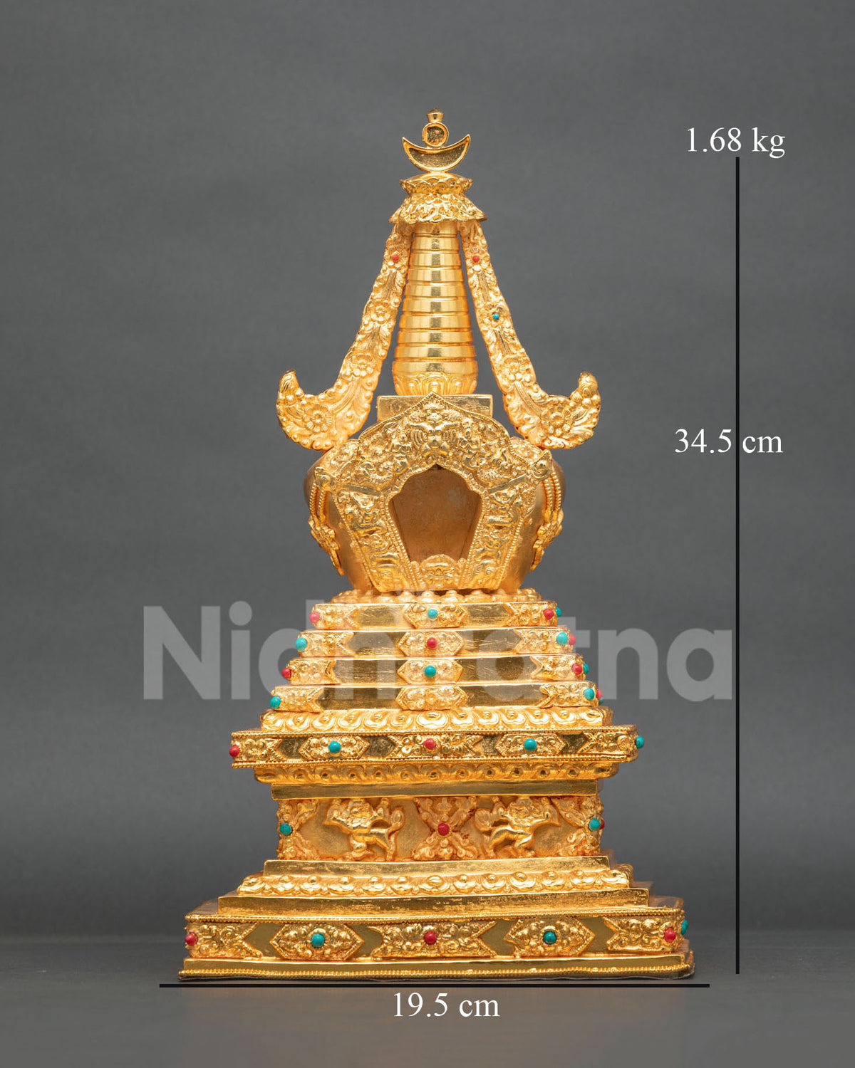 Buddhist Stupa, handcrafted by Newari artisans in Patan, Nepal with a lustrous gold-plated copper finish