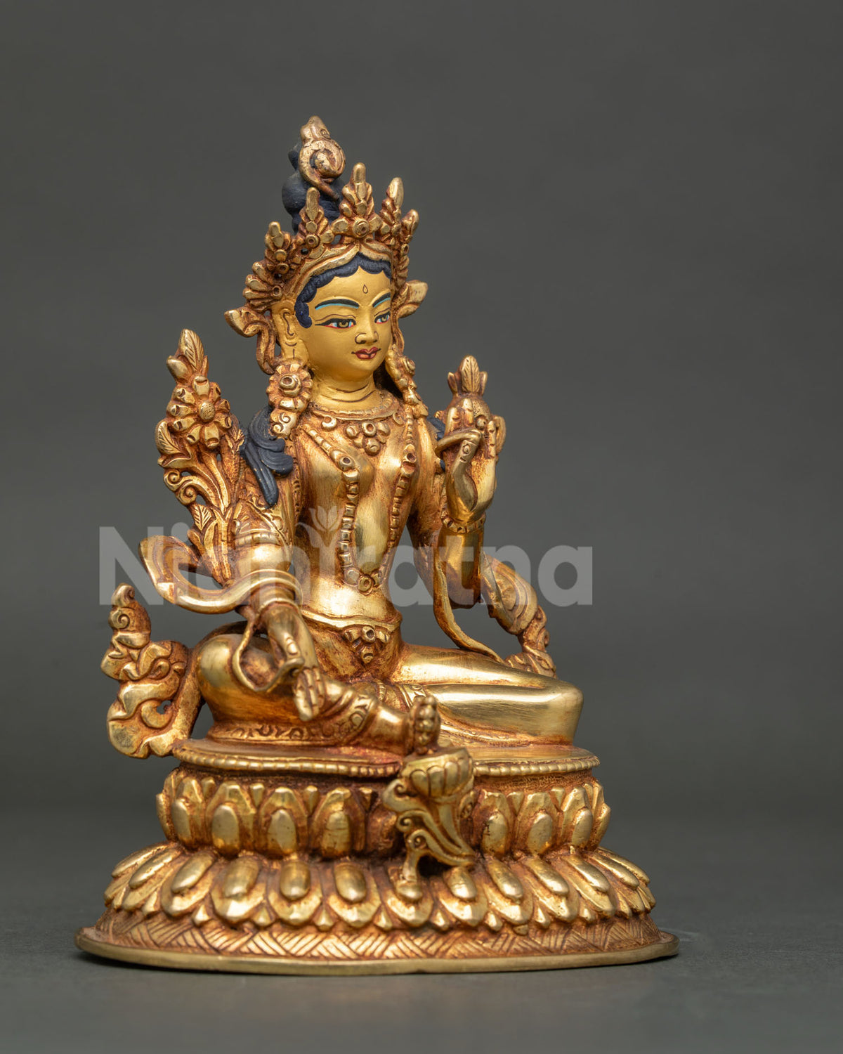 Buy Green Tara statue side view, handcrafted copper Buddhist deity with 24K gold gilding