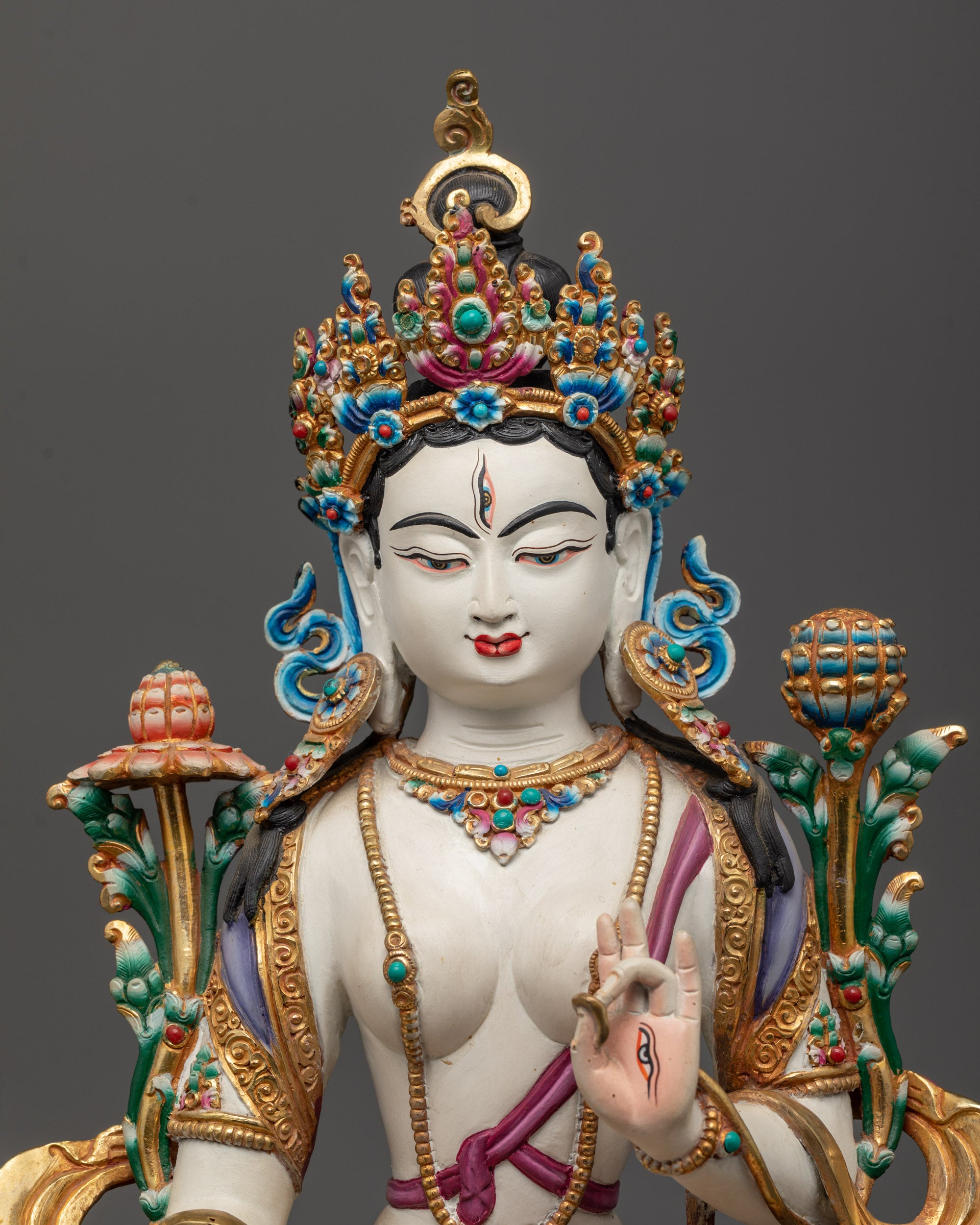 Beautifully Colored Tibetan Healing White Tara Statue