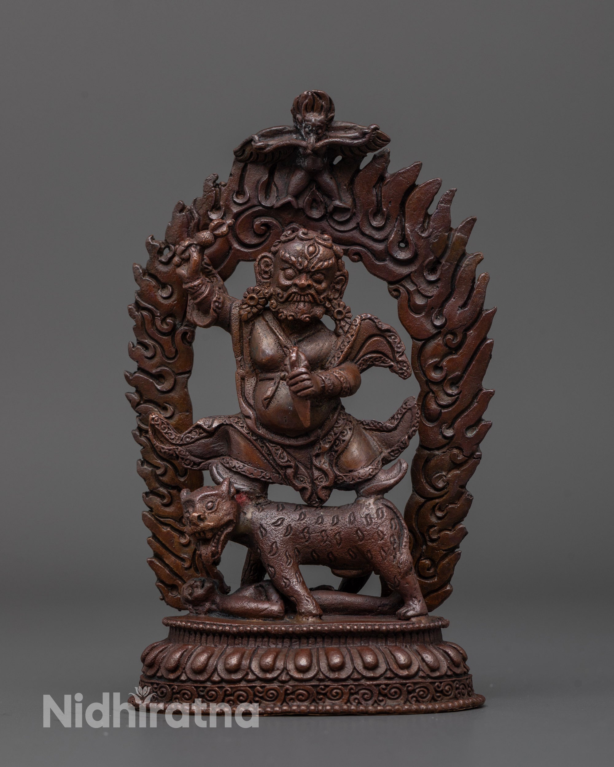 Front view of Machine-Made Dorje Drolo Statue with oxidized copper and vajra sceptre