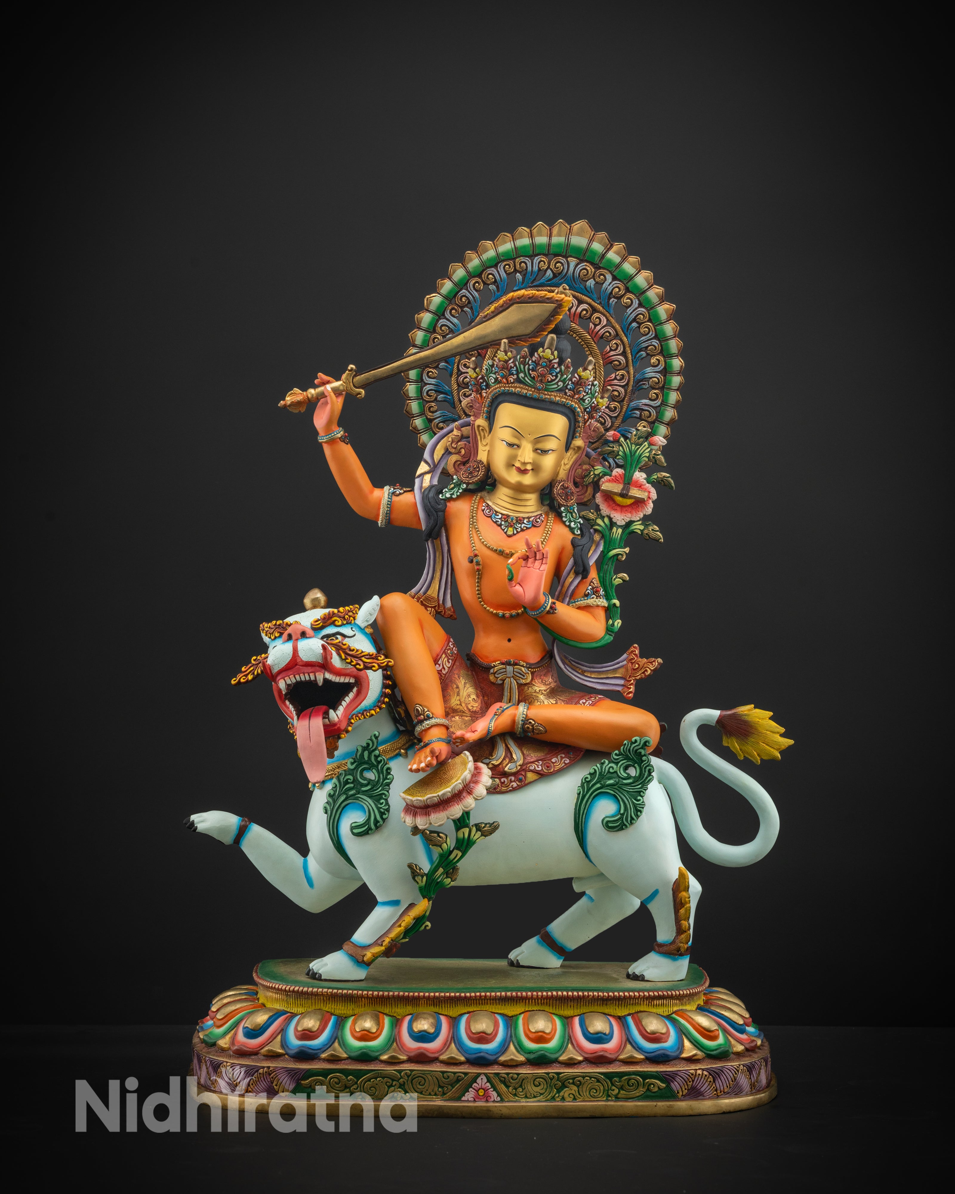 Manjushri Statue Seated on Snow Lion | Hand-Painted Wisdom Deity
