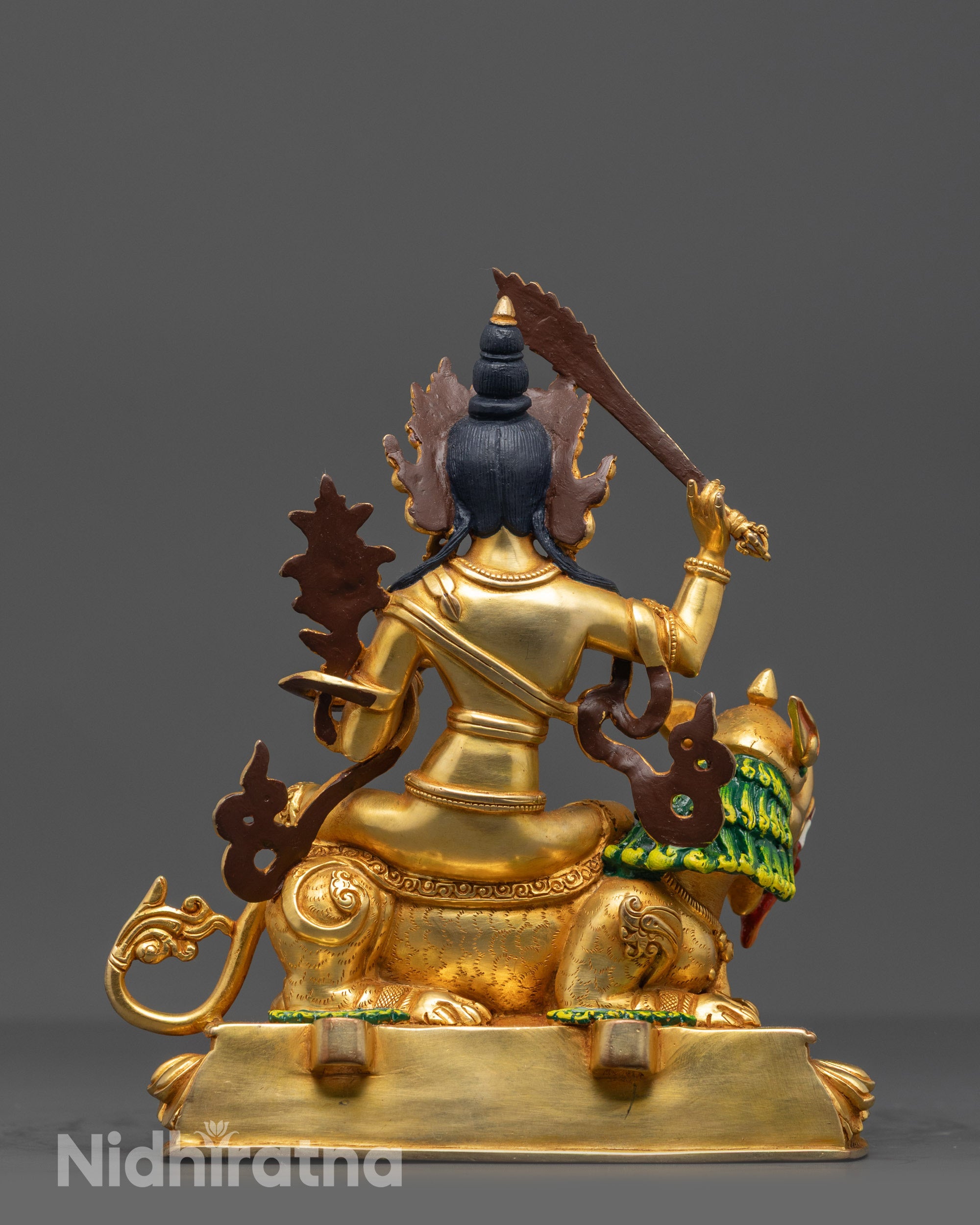 Handcrafted Simhada Manjushri Statue | 24K Gold-Fire Gilded Sculpture