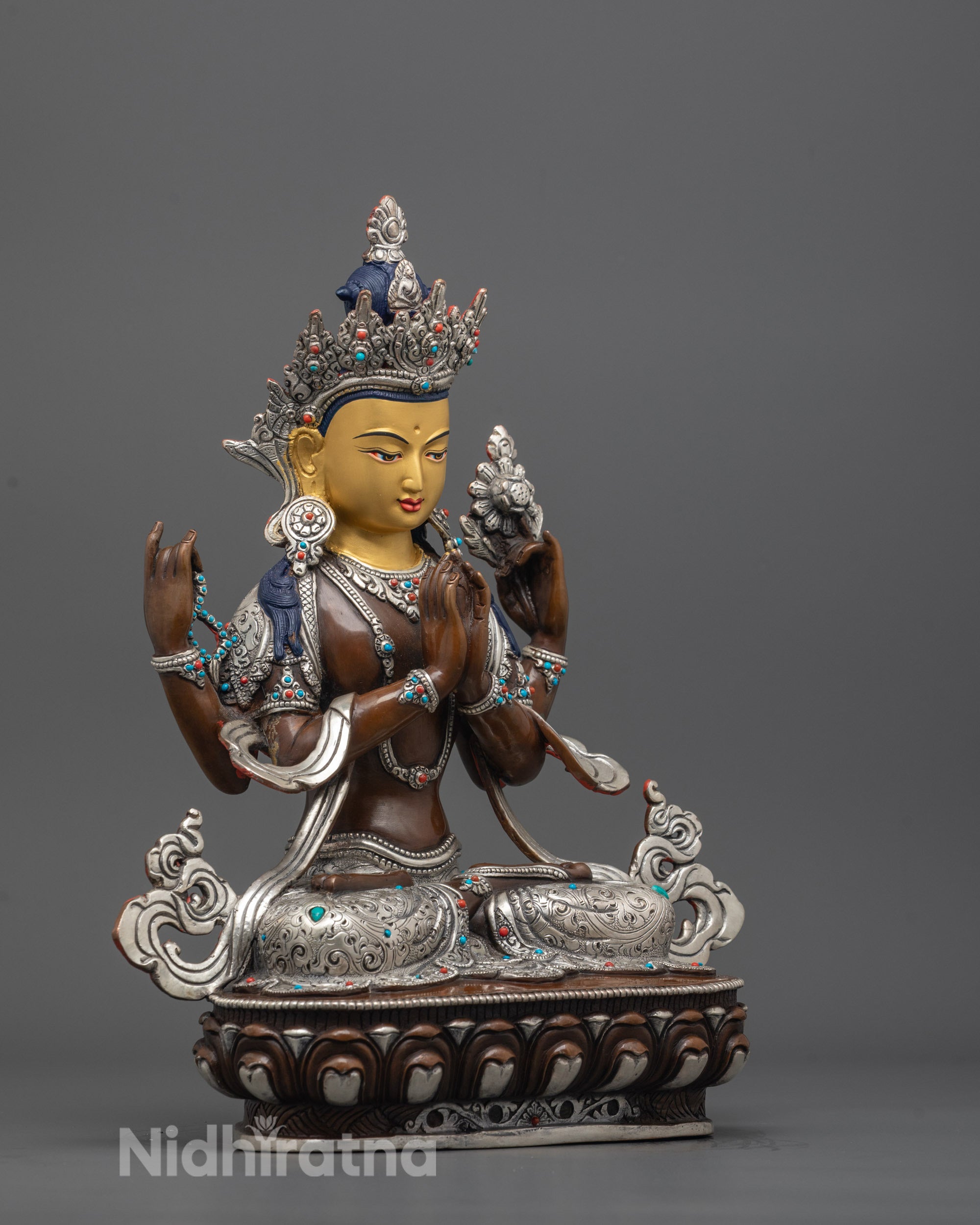 Nepalese Oxidized Chenrezig Statue | Himalayan Buddhist Art