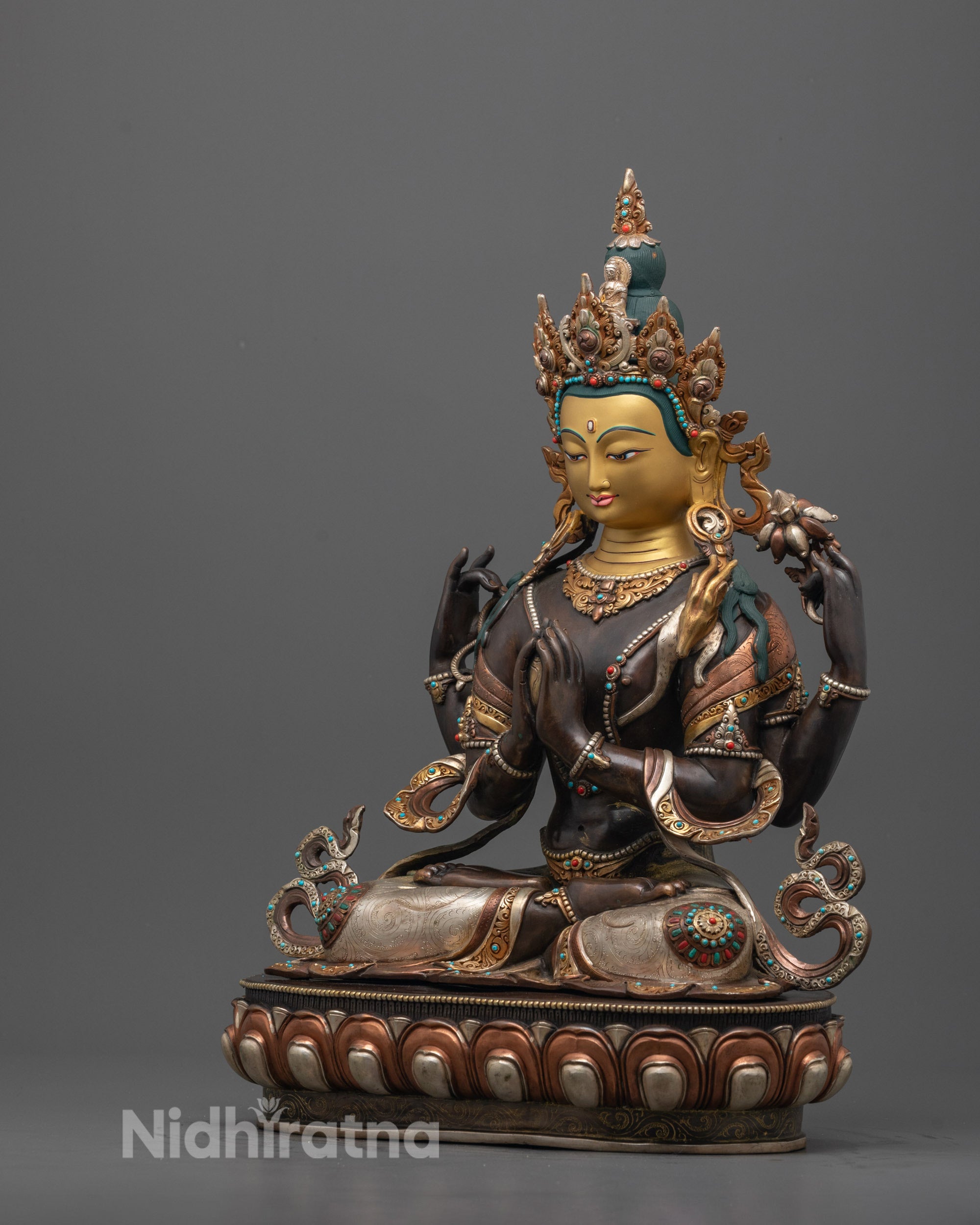 Oxidized Four-Armed Chenrezig Sculpture | Handcrafted Buddhist Art