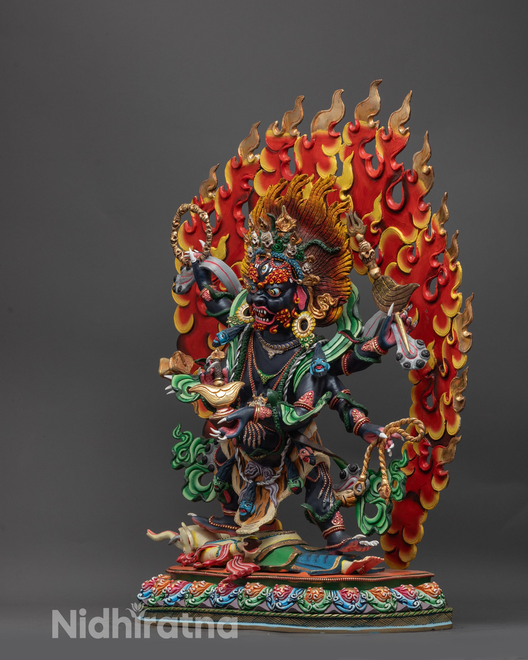 Handcrafted Six-Armed Mahakala Statue | Fierce Dark Blue Protector