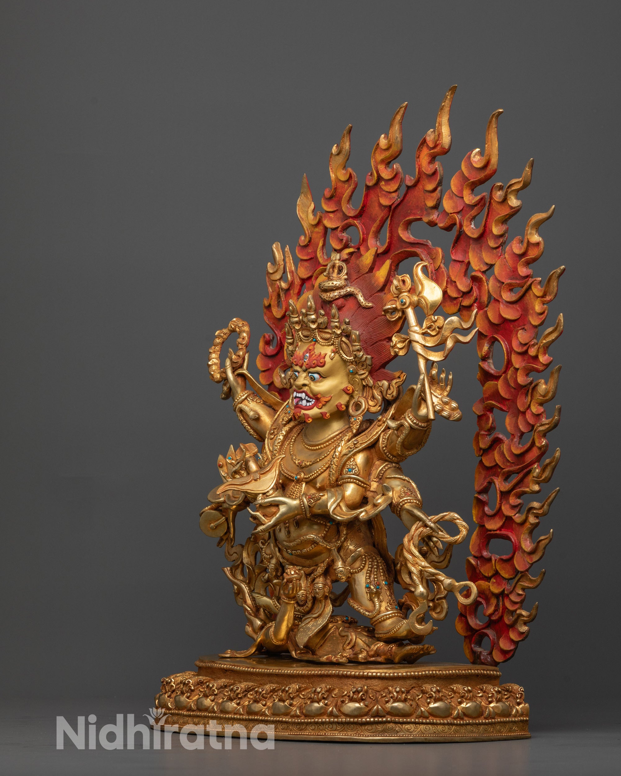 Six Armed Mahakala Sculpture | Hand-Carved Buddhist Wrathful Deity