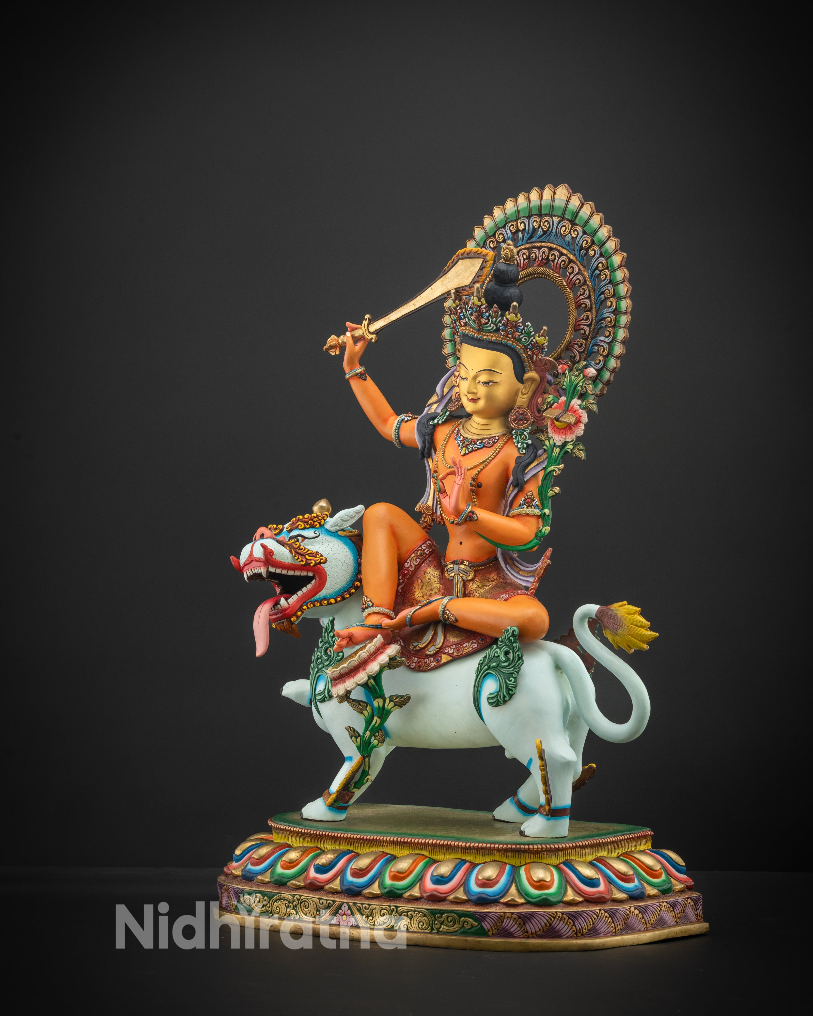 Manjushri Statue Seated on Snow Lion | Hand-Painted Wisdom Deity