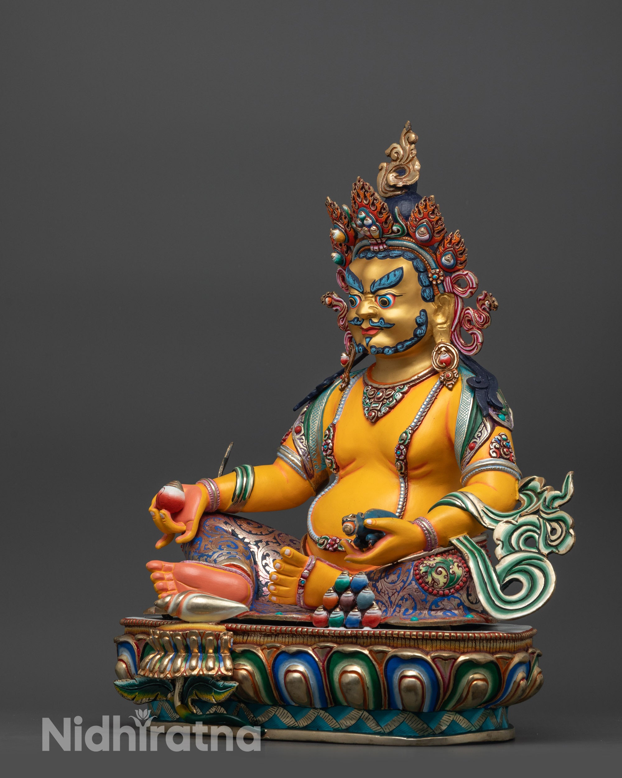 Radiant Yellow Dzambhala Sculpture | Handmade Statue of Lord of Wealth