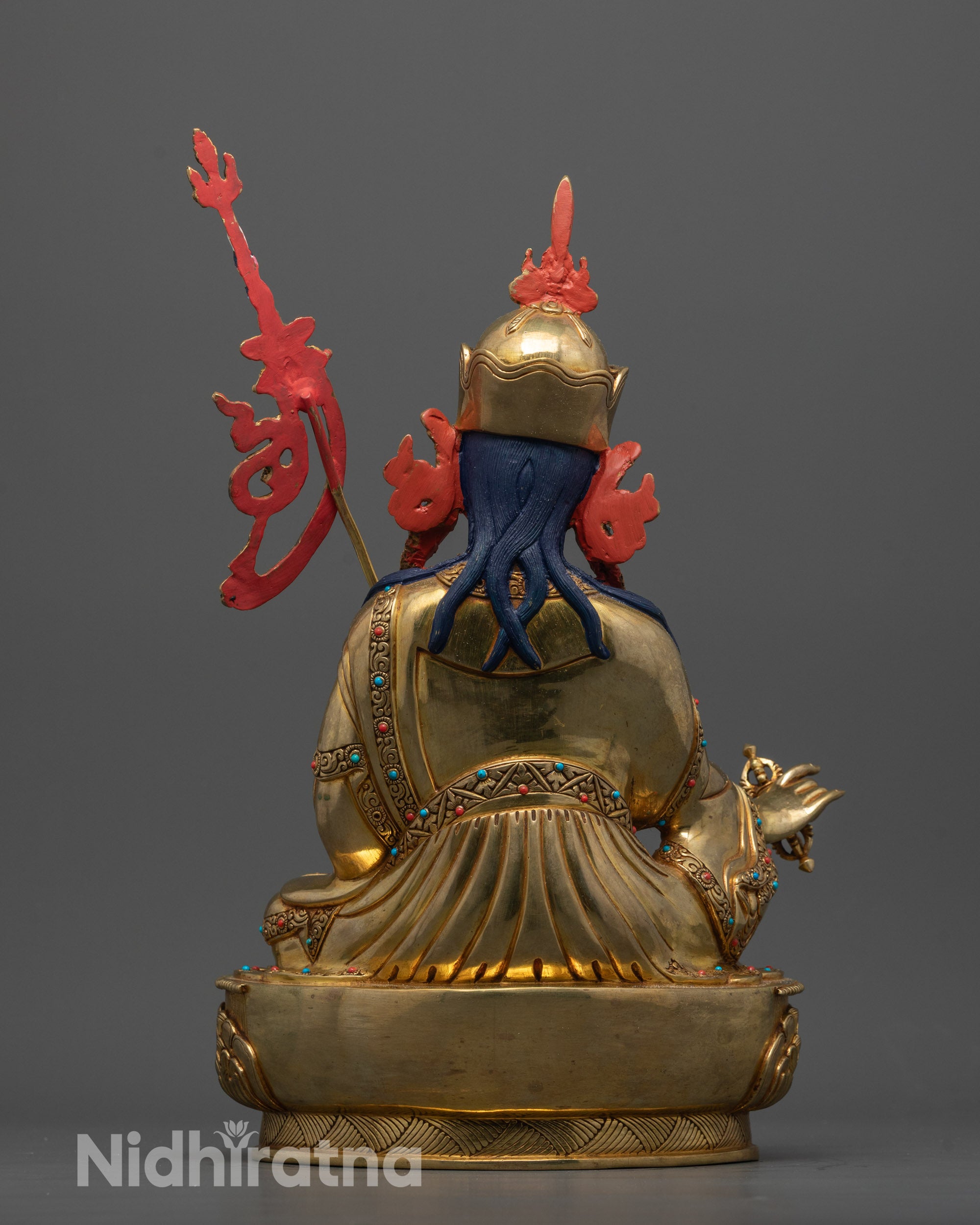 back view Guru Rinpoche statue lotus throne with dharma wheel and pair of deer carvings