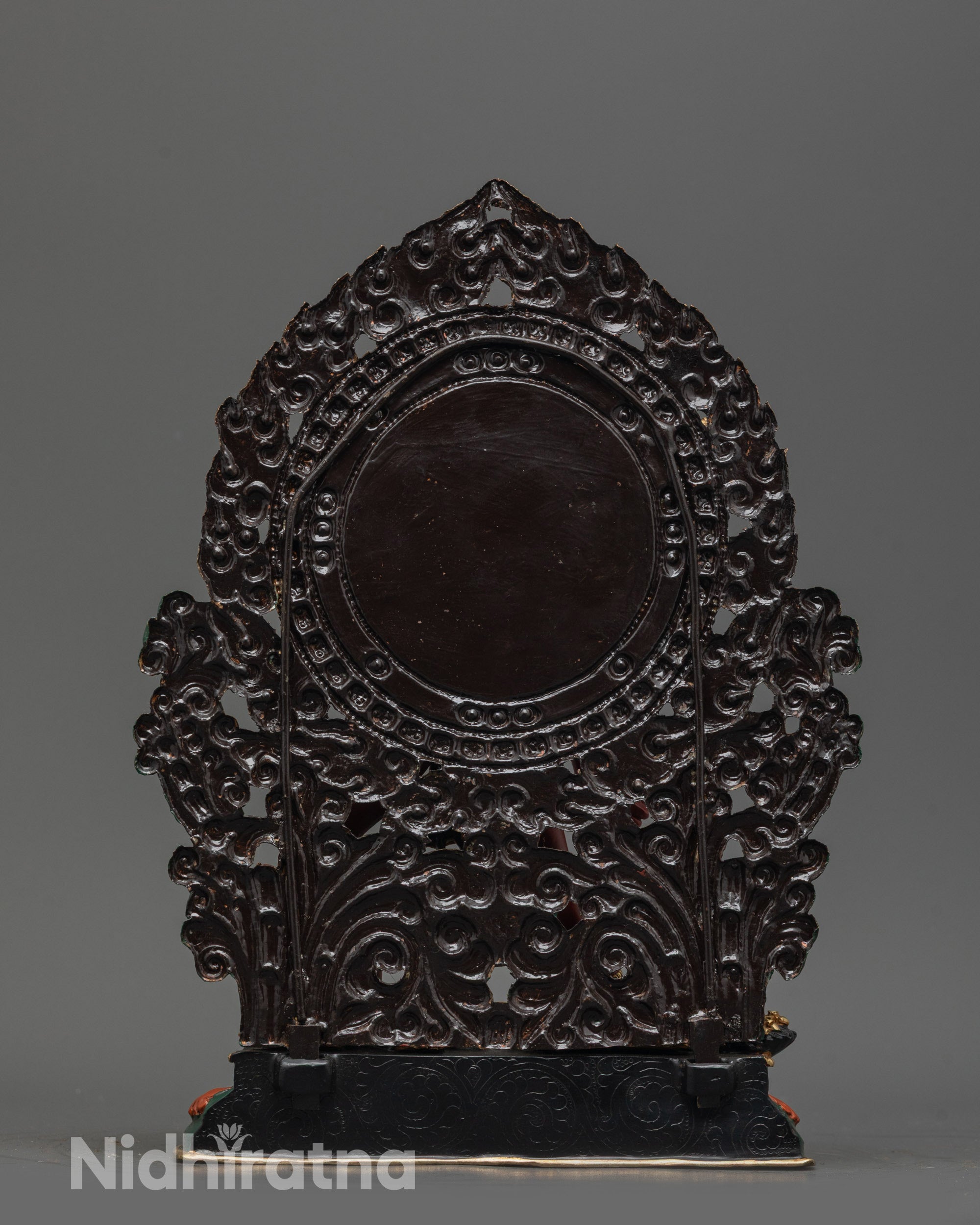 Back view of Vajrayogini Statue displaying fierce halo and detailed craftsmanship on copper base