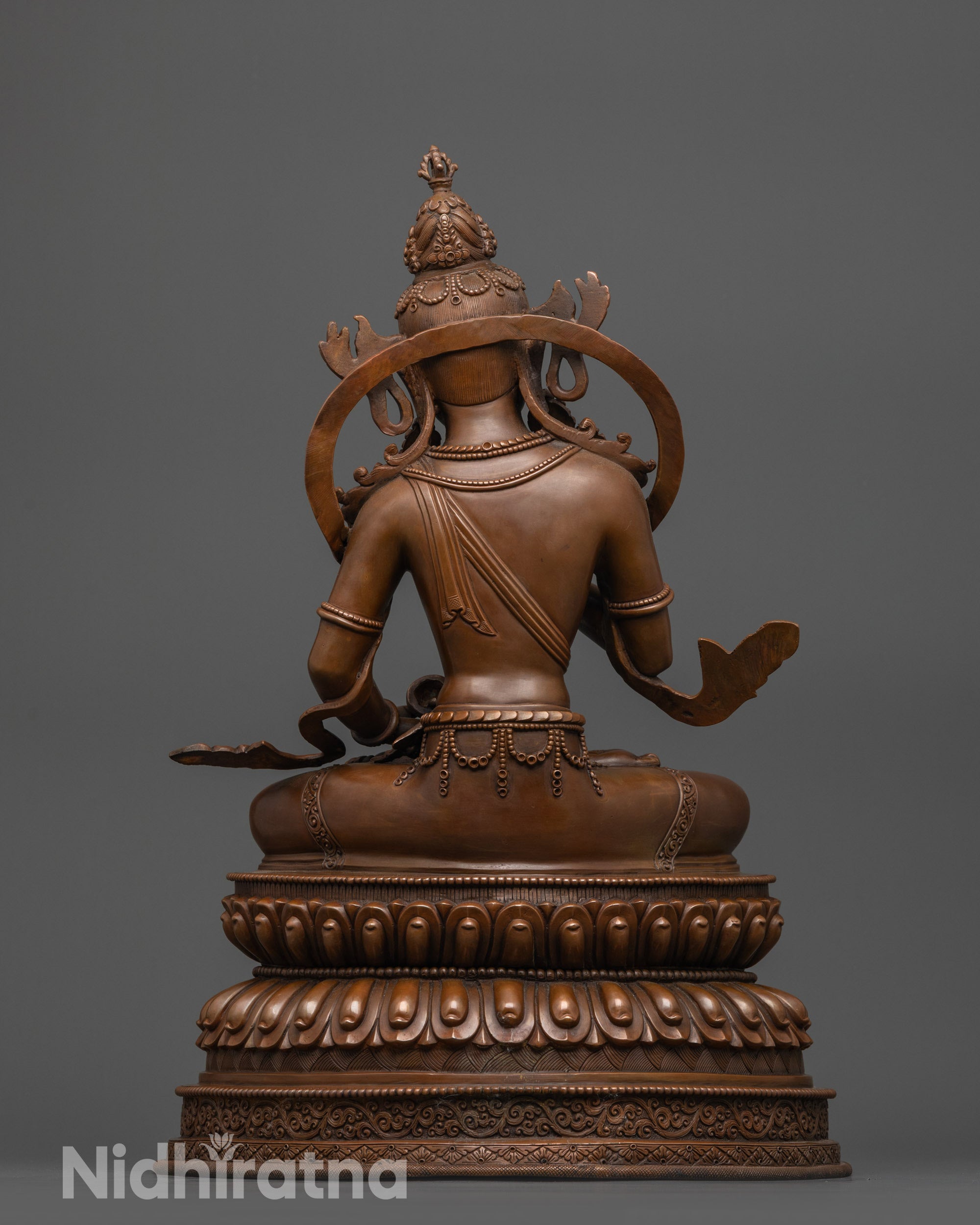 Back view Oxidized Vajrasattva Statue showing intricate jewelry and robe patterns