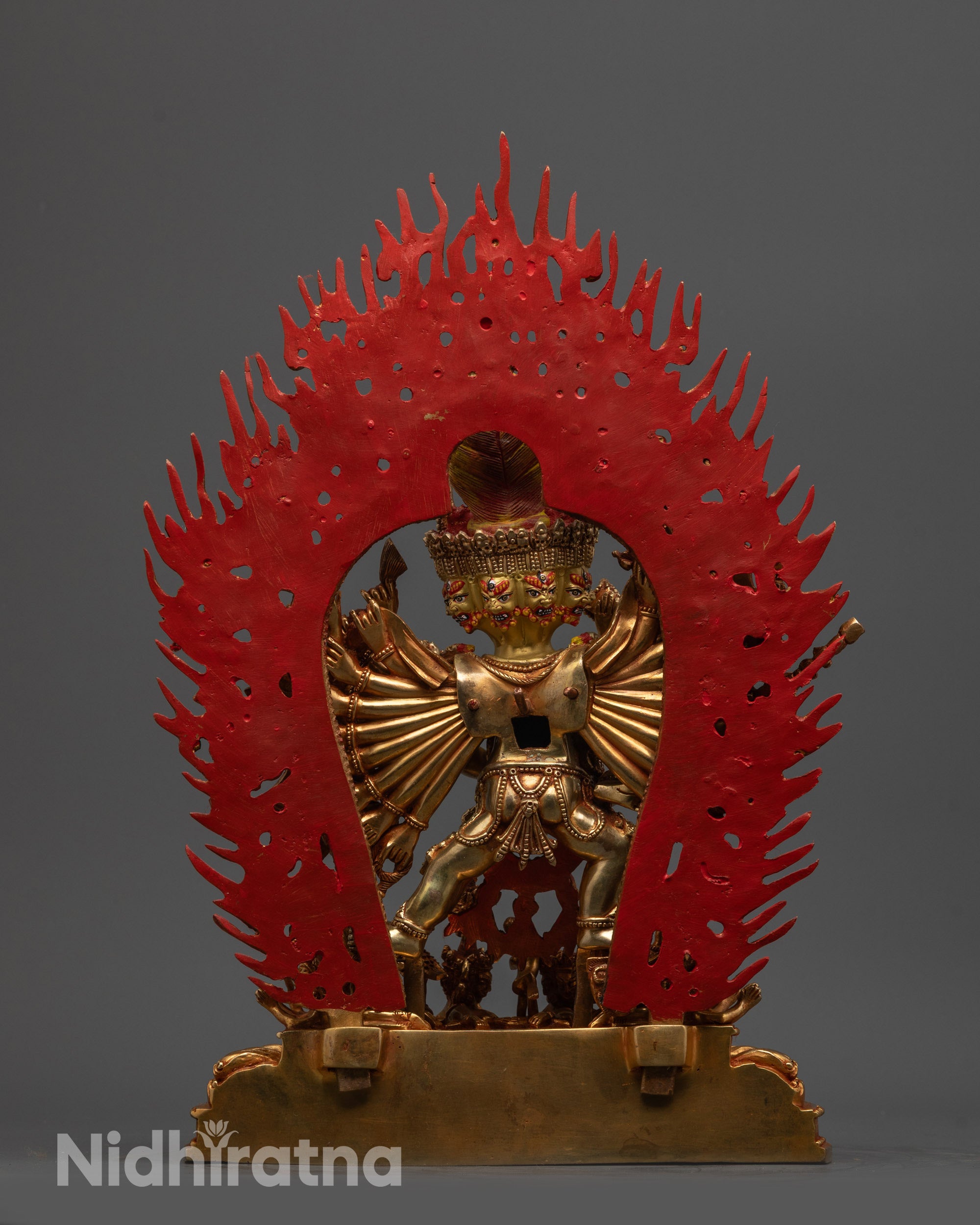 Back view of Yamantaka Statue highlighting gold fire-gilded body and detailed halo carvings