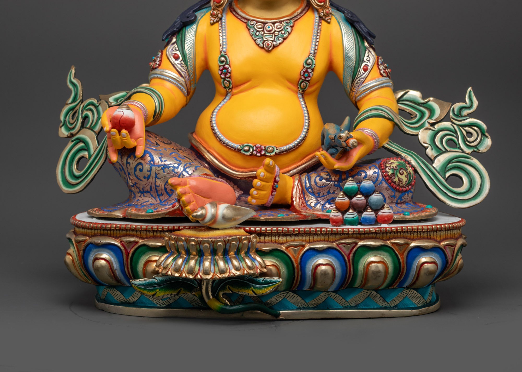 Radiant Yellow Dzambhala Sculpture | Handmade Statue of Lord of Wealth