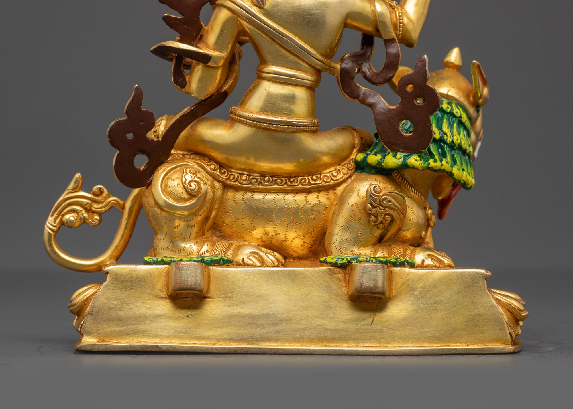 Handcrafted Simhada Manjushri Statue | 24K Gold-Fire Gilded Sculpture