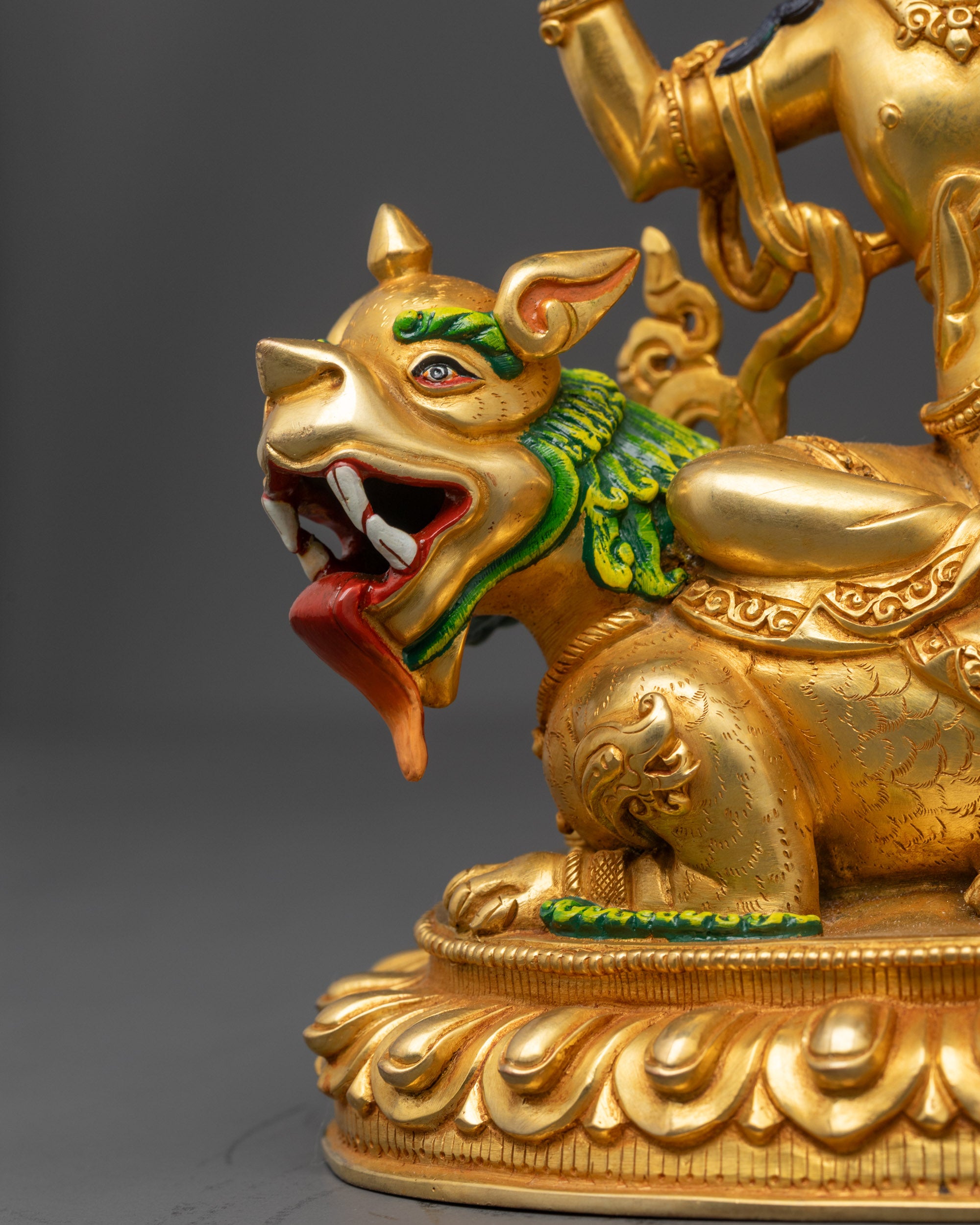 Handcrafted Simhada Manjushri Statue | 24K Gold-Fire Gilded Sculpture