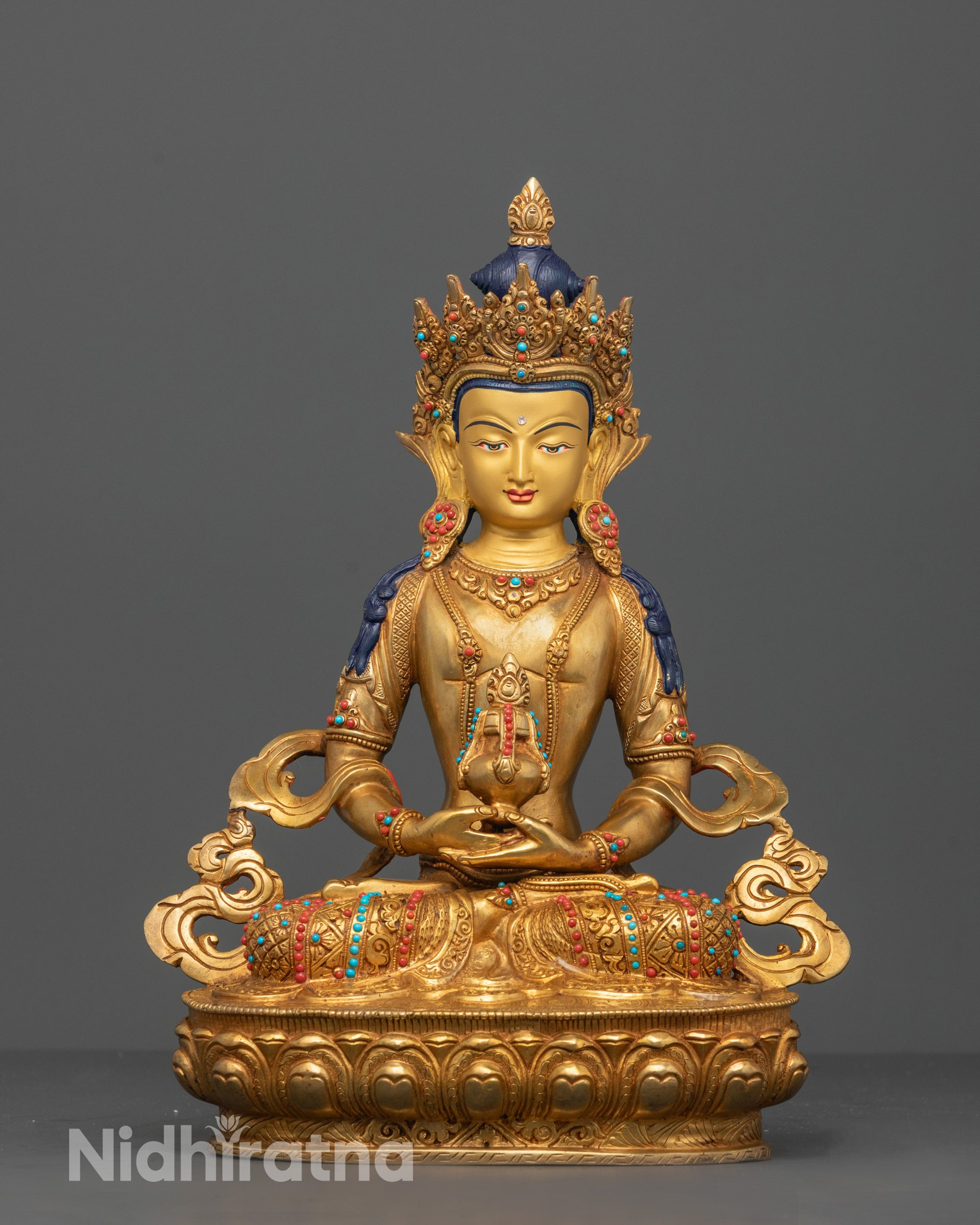 Full View of Amitayus Buddha Statue Seated on Lotus Base Holding Kalash of Nectar