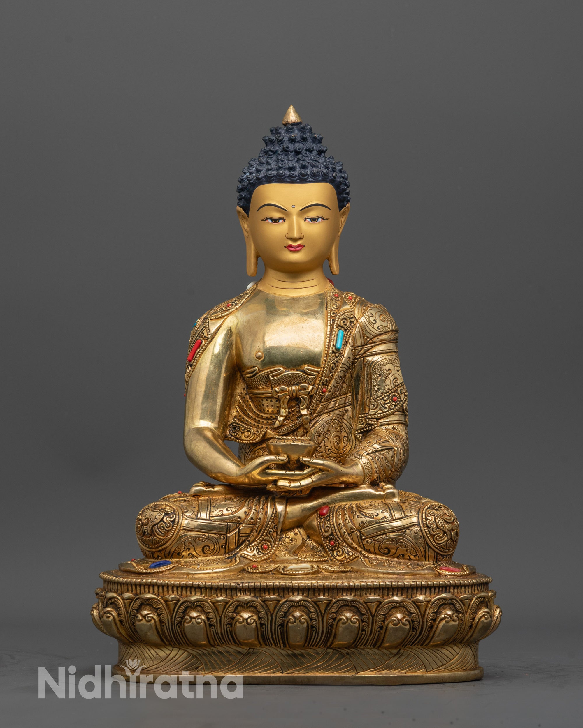 Front view of Tibetan Amitabha Buddha Statue with gold gilded face and copper base