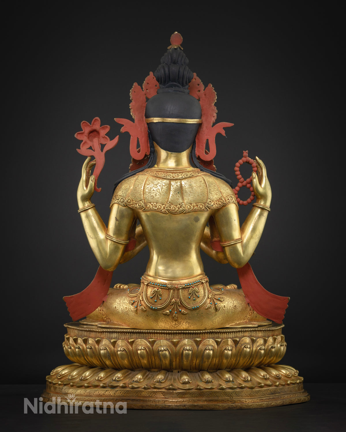 Chenrezig Avalokiteshvara statue back view, gold fire-gilded copper, Nepalese artistry