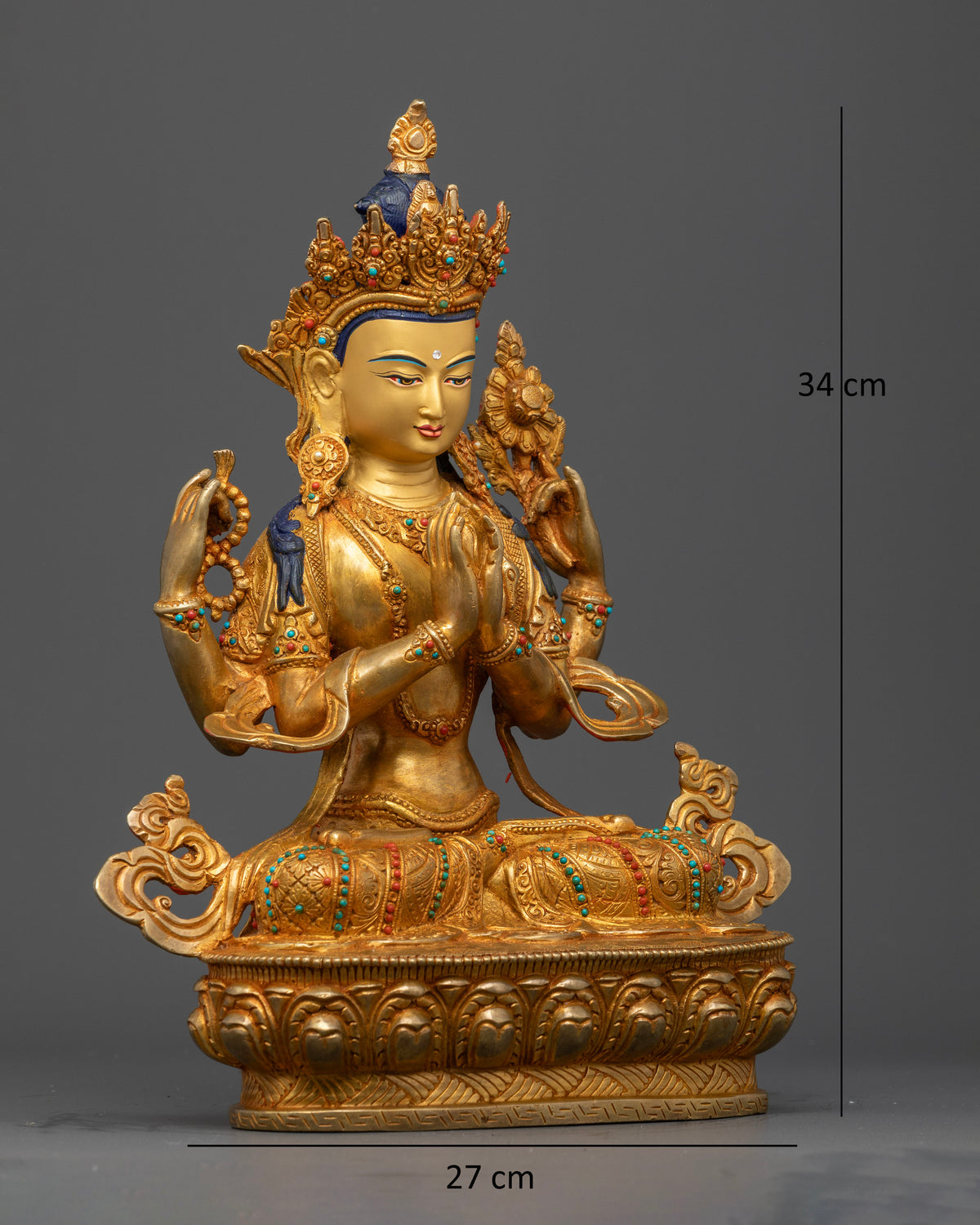 Chenrezig Avalokiteshvara Statue holding crystal rosary white lotus and wish fulfilling jewel