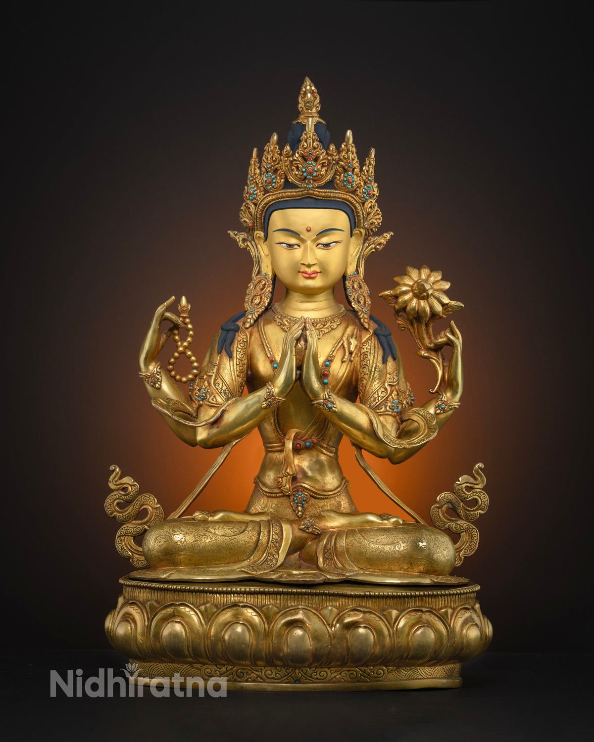 Chenrezig gold statue front view, Nepal Newari handcrafted Buddhist art