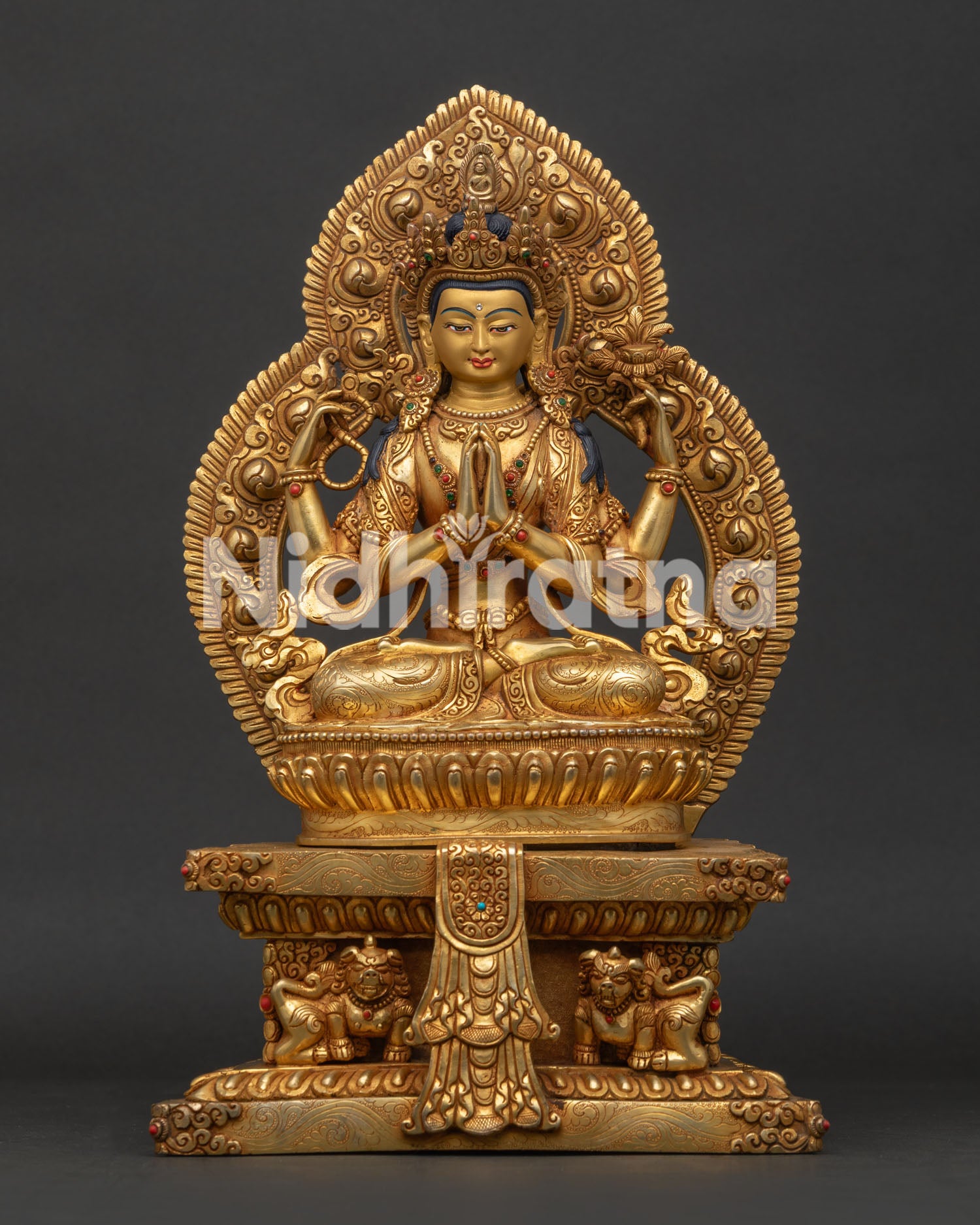 Chenrezig on throne statue front view with four armed Avalokiteshvara design