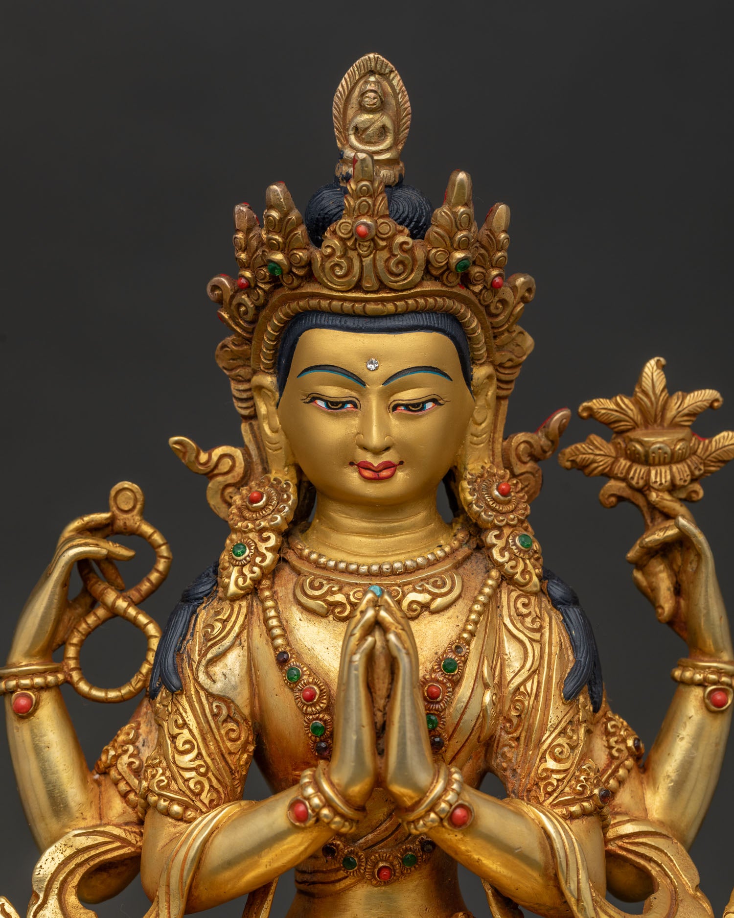 Chenrezig on throne statue regular close up showing gold gilded details