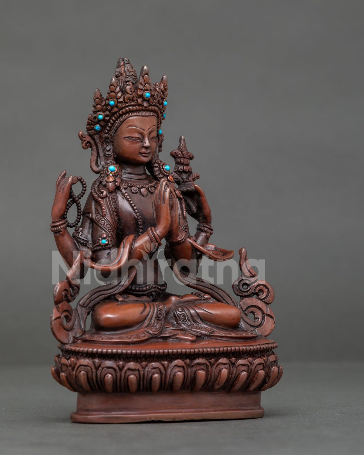 Chenrezig seated on handcarved lotus pedestal with wish fulfilling jewel and mala.