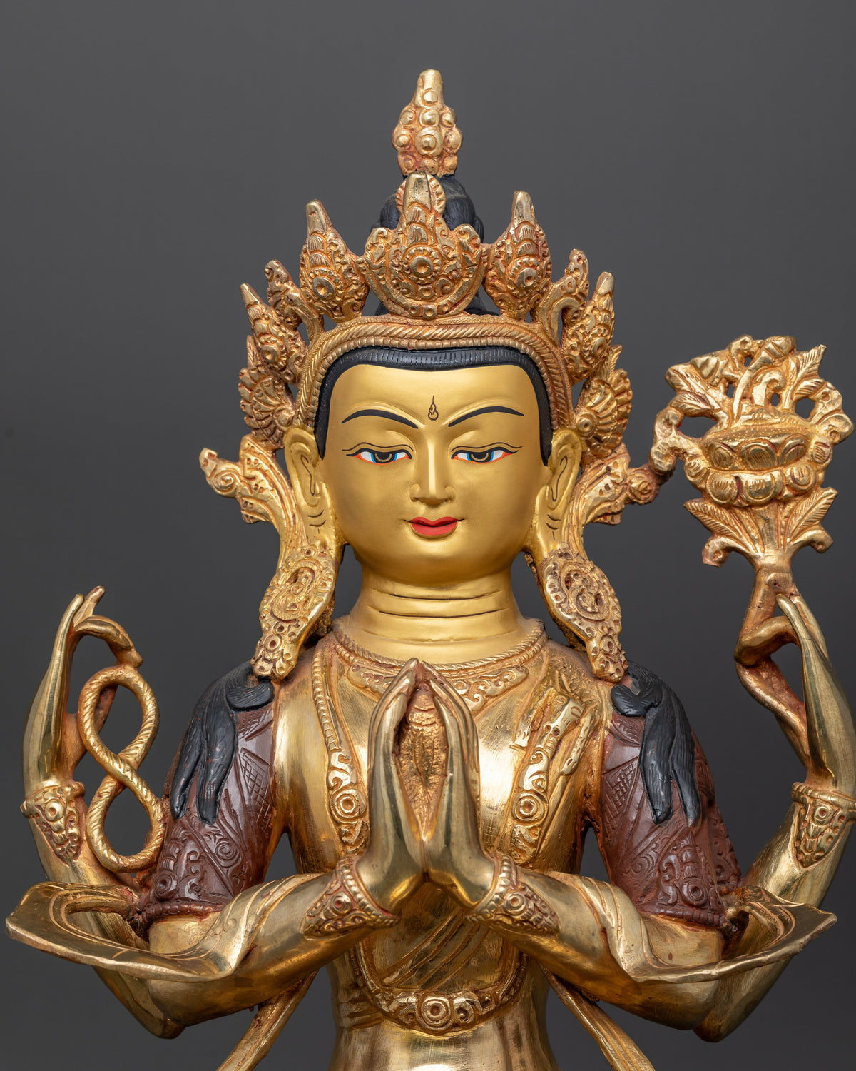 Chenrezig statue 24k gold details jewel crown silk garment layered necklaces and wish fulfilling jewel.