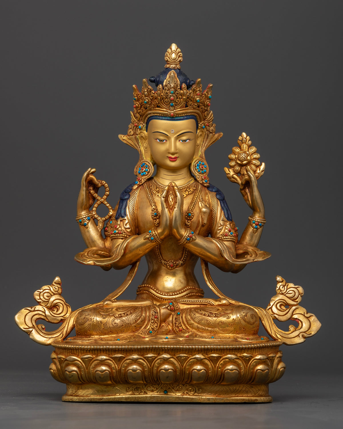 Chenrezig Statue 24K Gold Gilded Copper Four Armed Avalokiteshvara Sculpture