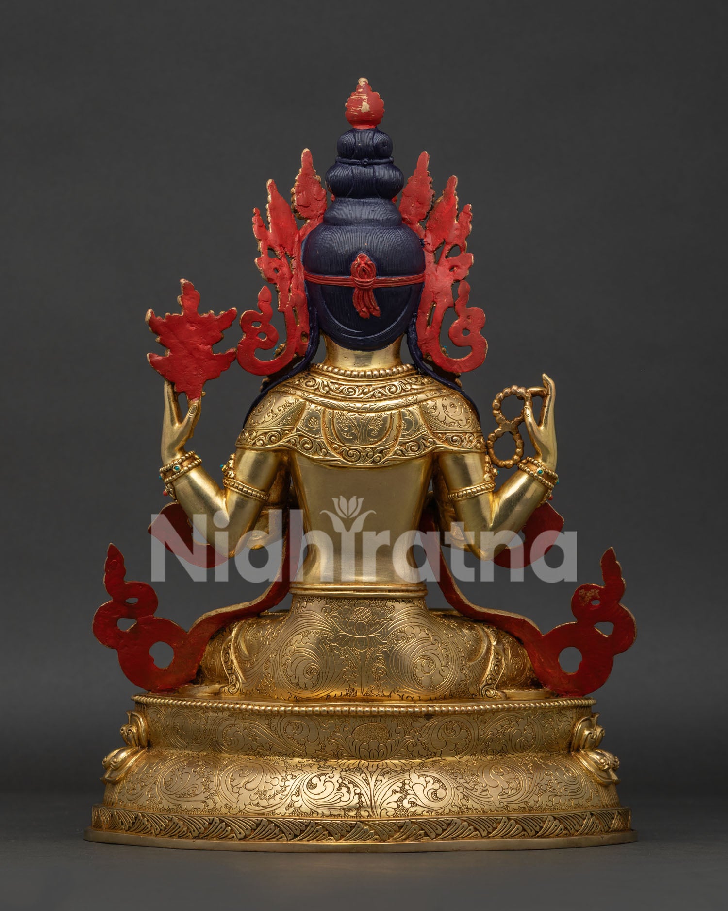 Chenrezig Statue back view showing detailed lost-wax casting craftsmanship from Nepal