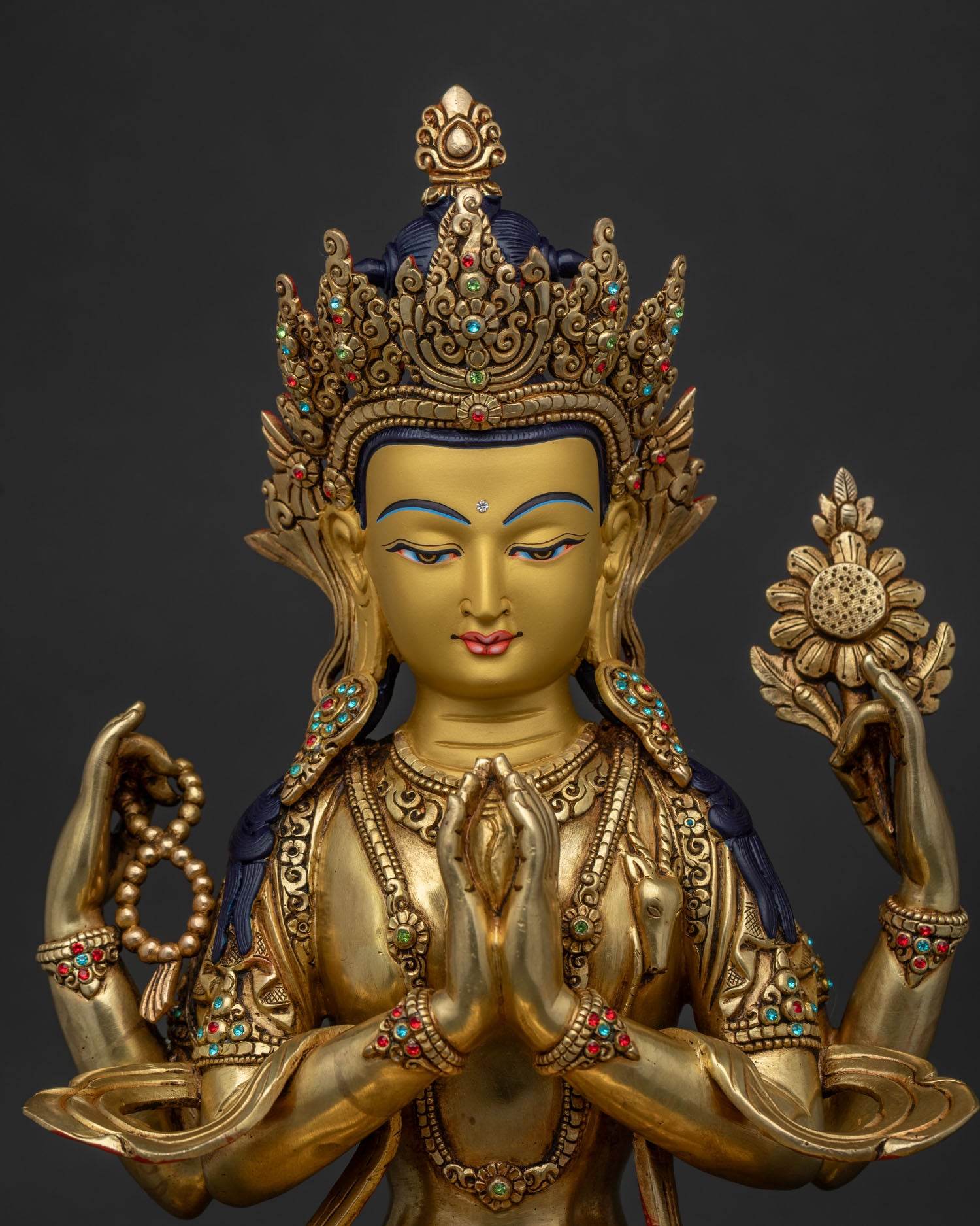 Chenrezig Statue Close Up with 24K Gold Fire Gilding and Semi Precious Stone Details