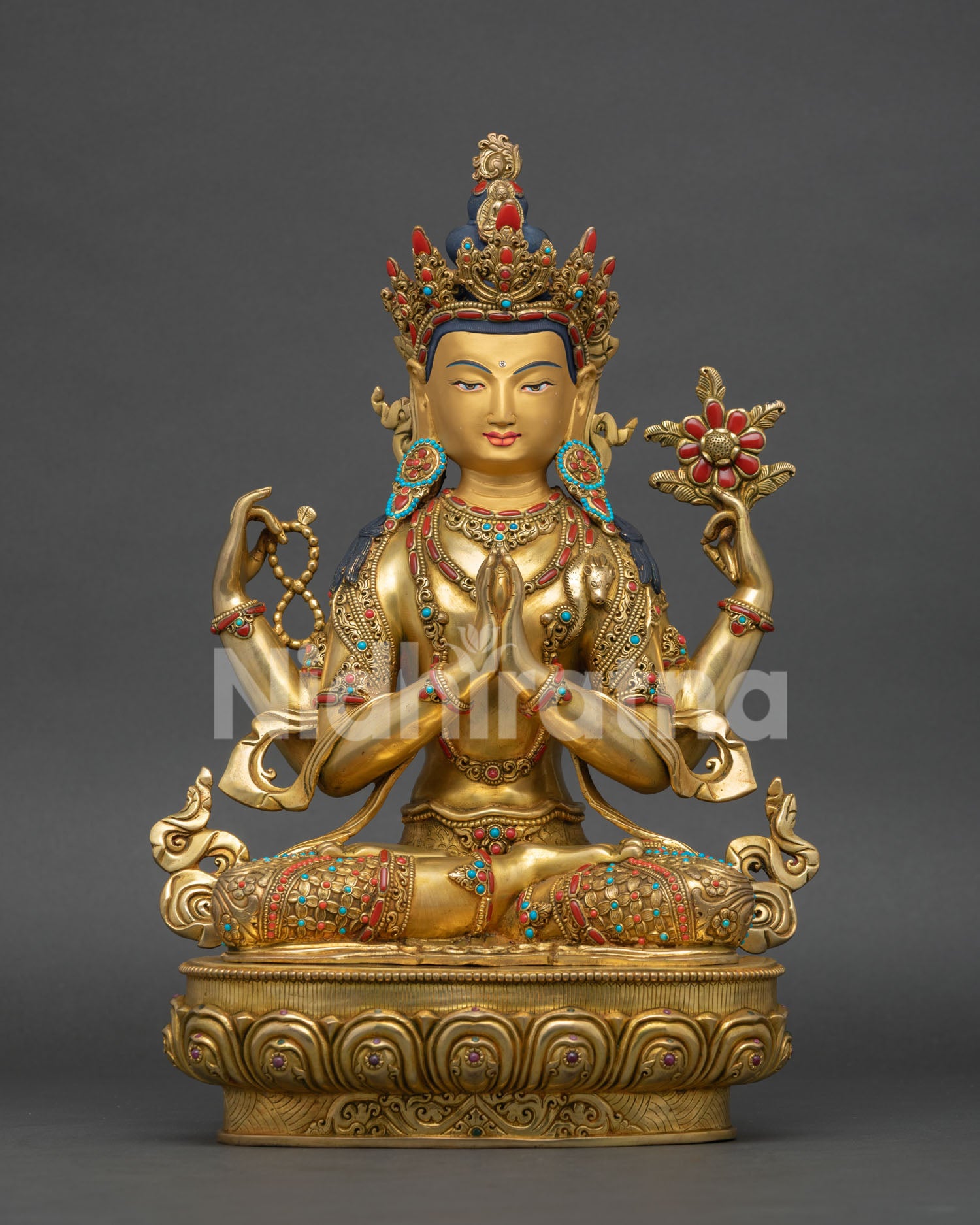 Chenrezig statue from Nepal, four armed Avalokiteshvara Buddhist deity with gold gilded copper details