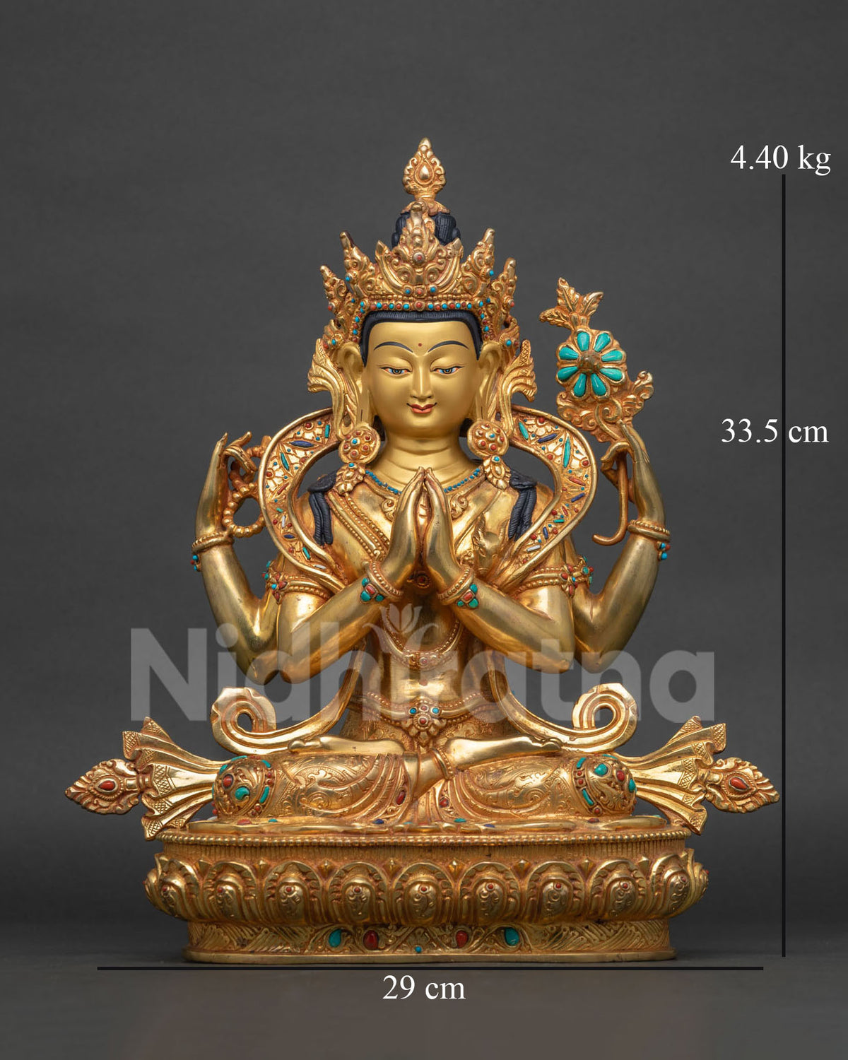 Chenrezig Statue front view – 24K gold-gilded copper Avalokiteshvara, Nepal