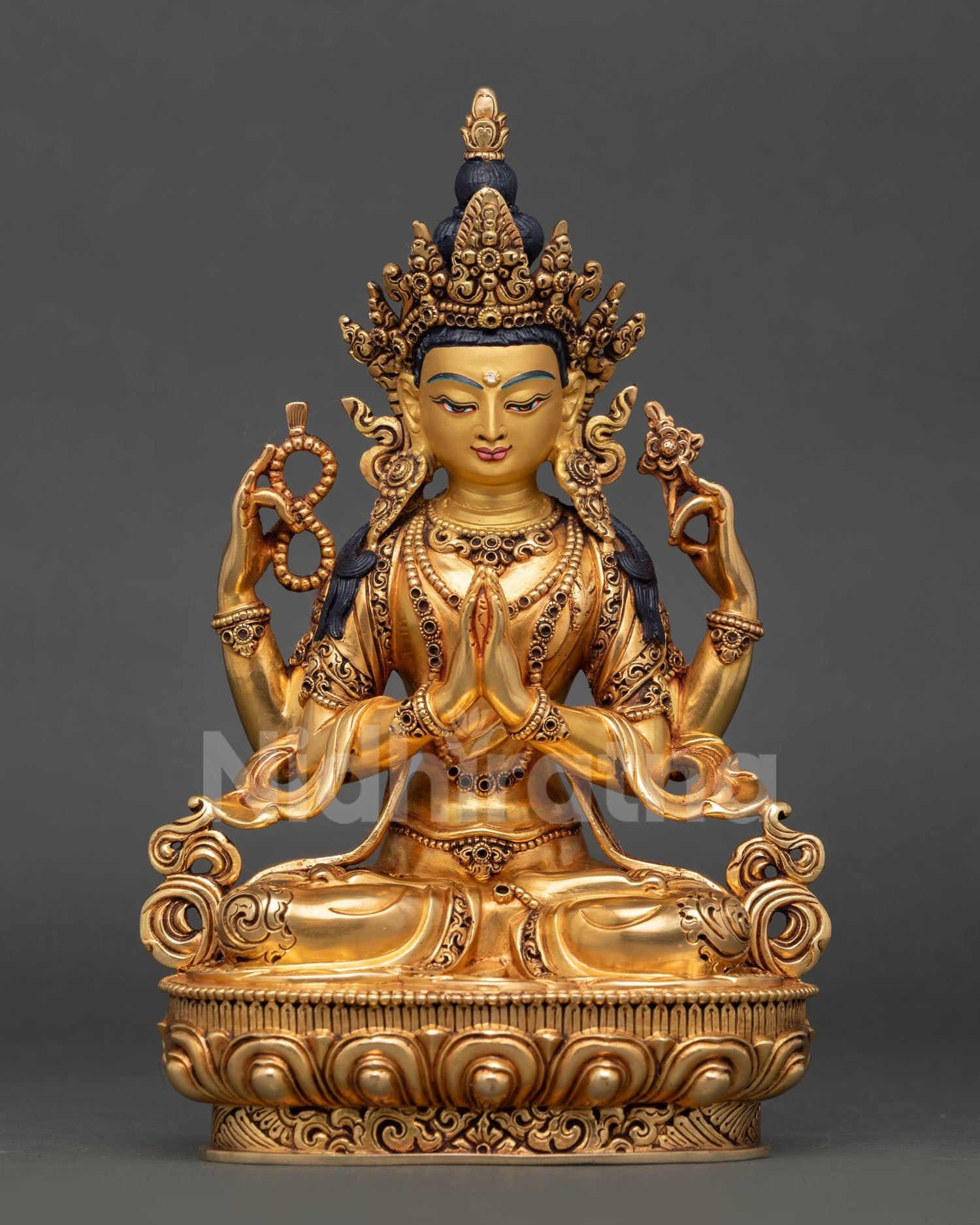 Chenrezig statue front view, four-armed Avalokiteshvara copper sculpture, fire-gilded gold finish