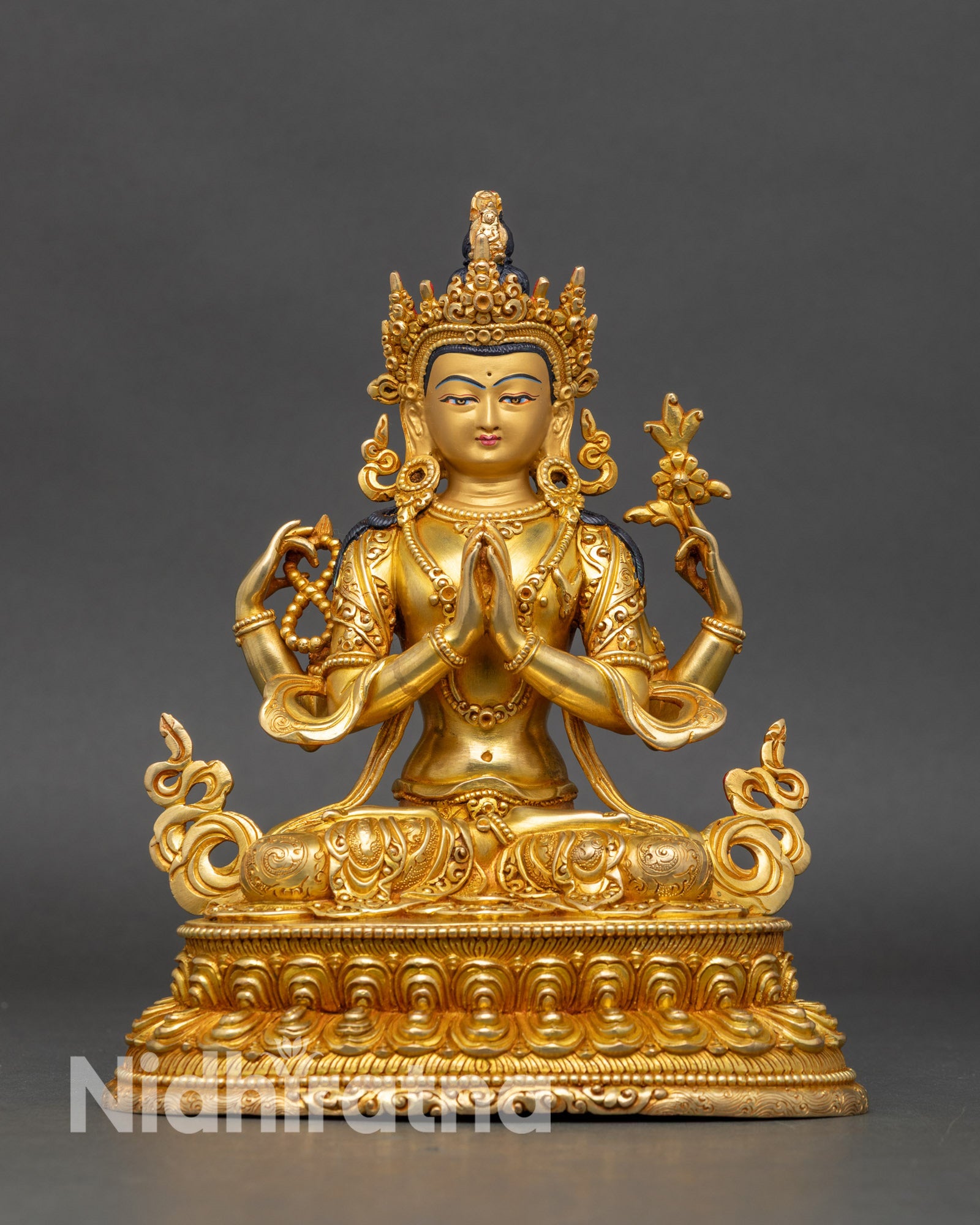 chenrezig-statue-front-view-nepalese-bodhisattva-compassion-copper-gold-lotus