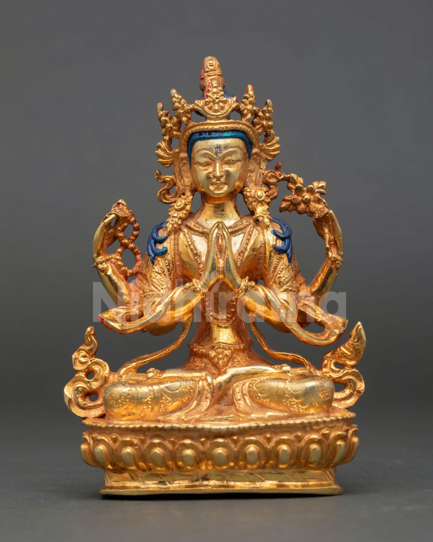 Chenrezig statue front view Tibetan Avalokiteshvara copper gold gilded lotus seat Nepal art