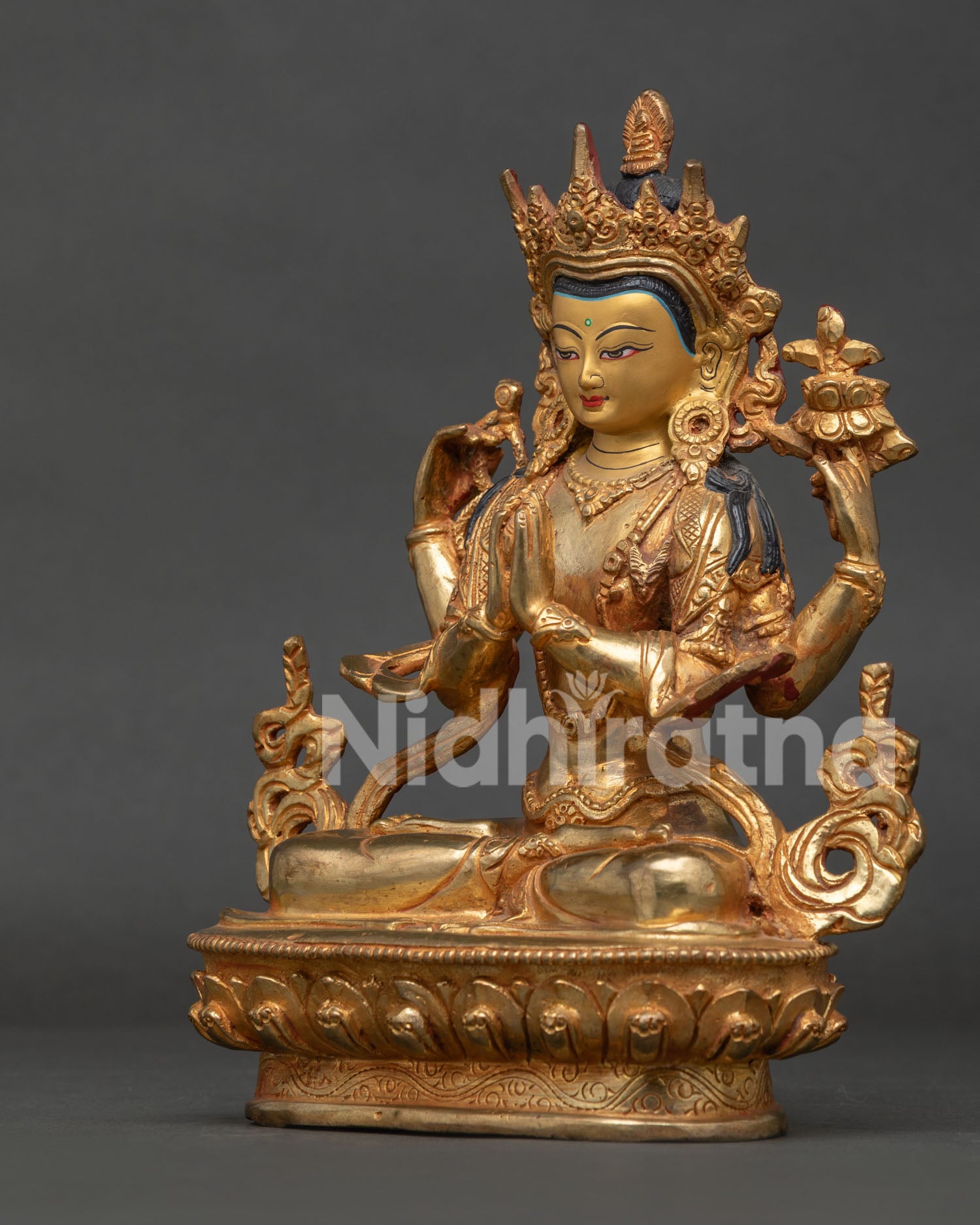 Chenrezig Statue Gold Painted Face Handcrafted by Newari Artisans.