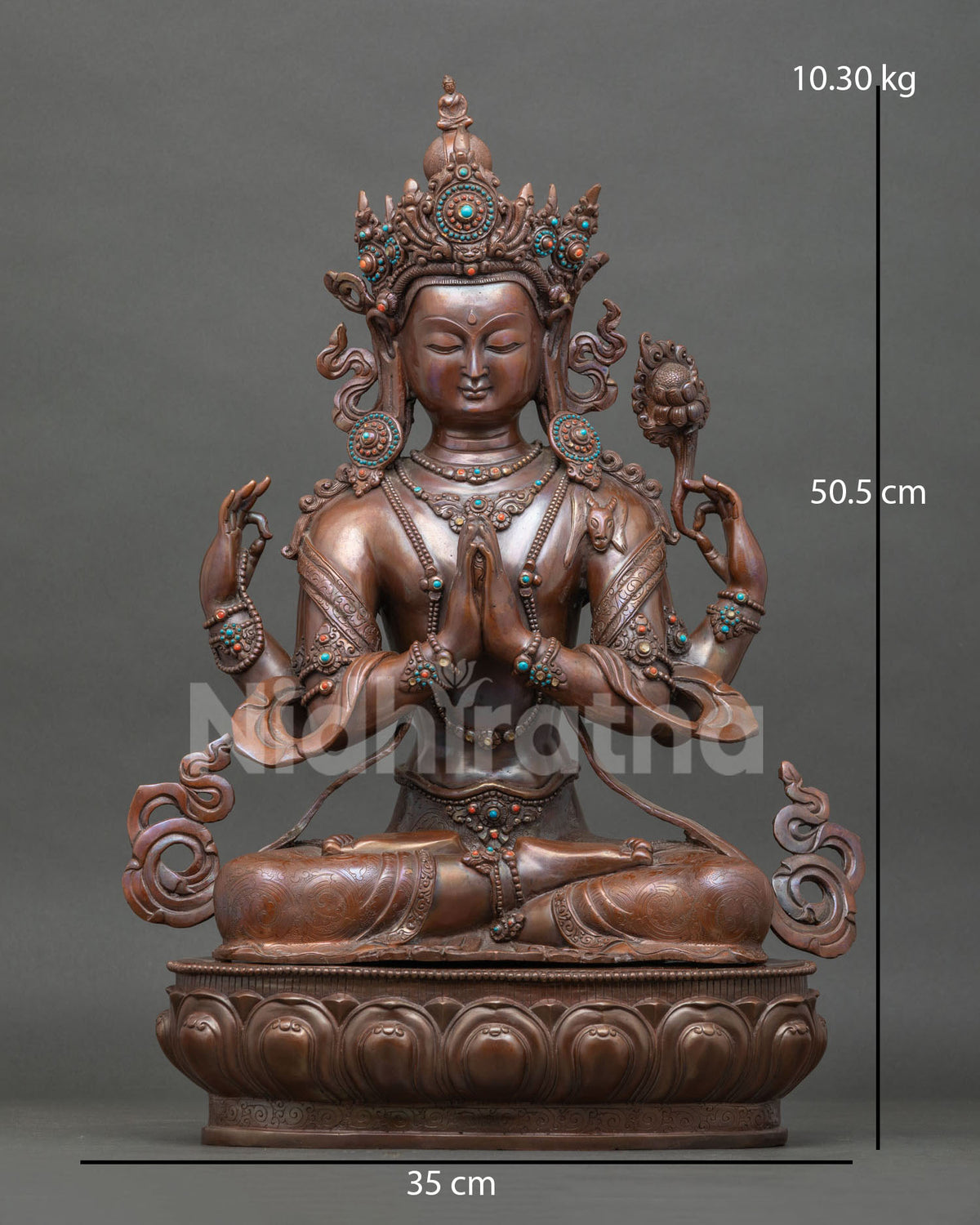 Chenrezig statue handcrafted by newari artist from patan nepal with oxidized copper finish.