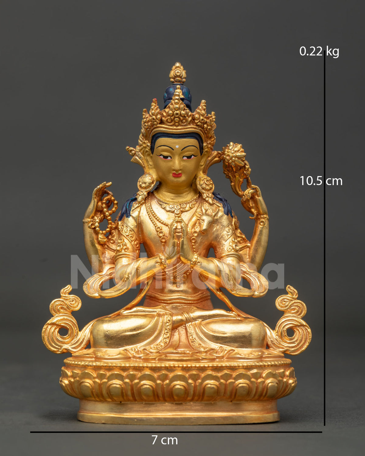 Chenrezig statue handcrafted by Newari artists from Patan Nepal in copper with 24K gold fire gilding.