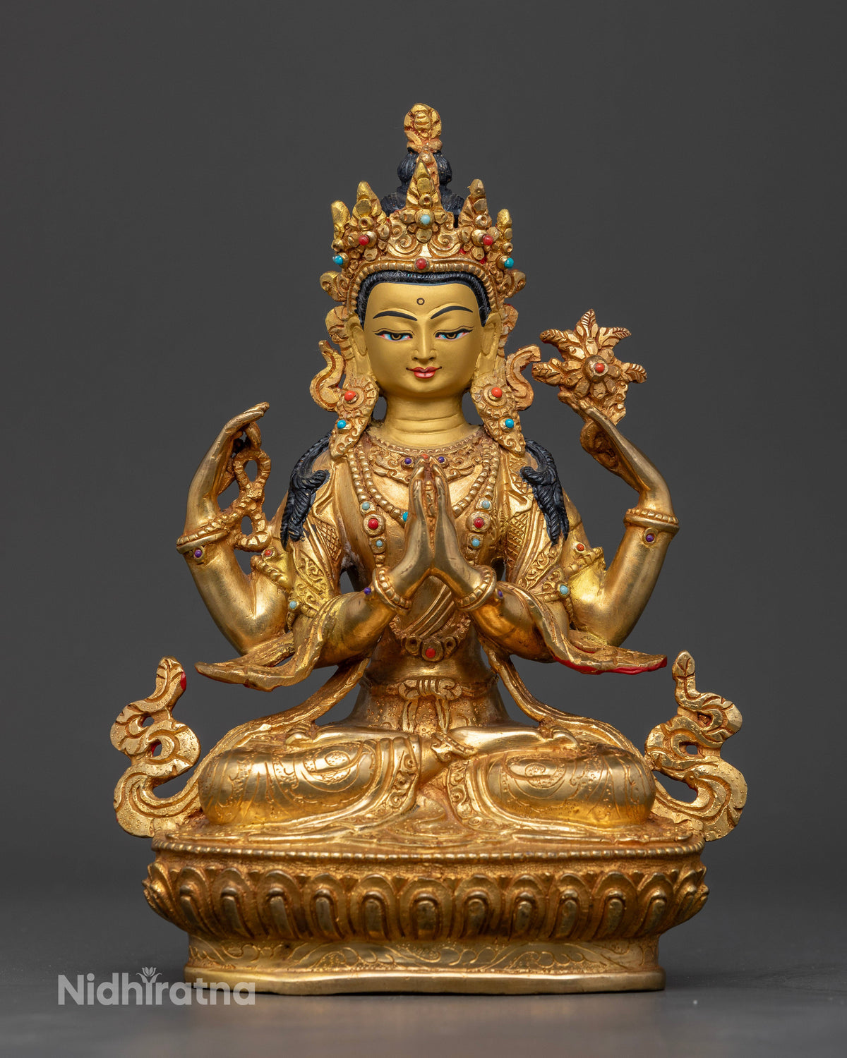 Chenrezig Statue, handcrafted in Patan, Nepal with 24K gold fire-gilding and semi-precious stones