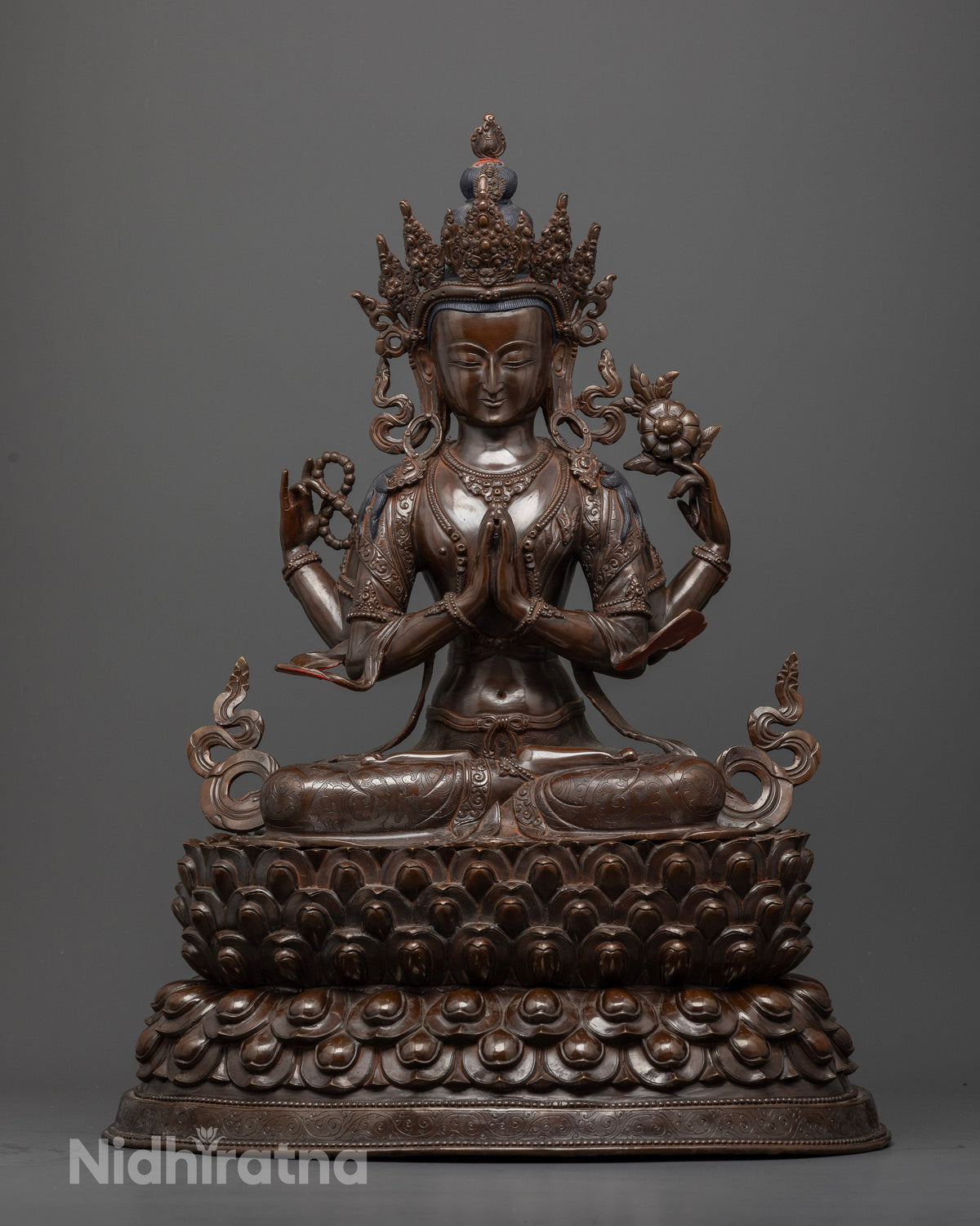 Chenrezig Statue, handcrafted in Patan, Nepal with solid copper and oxidized finish