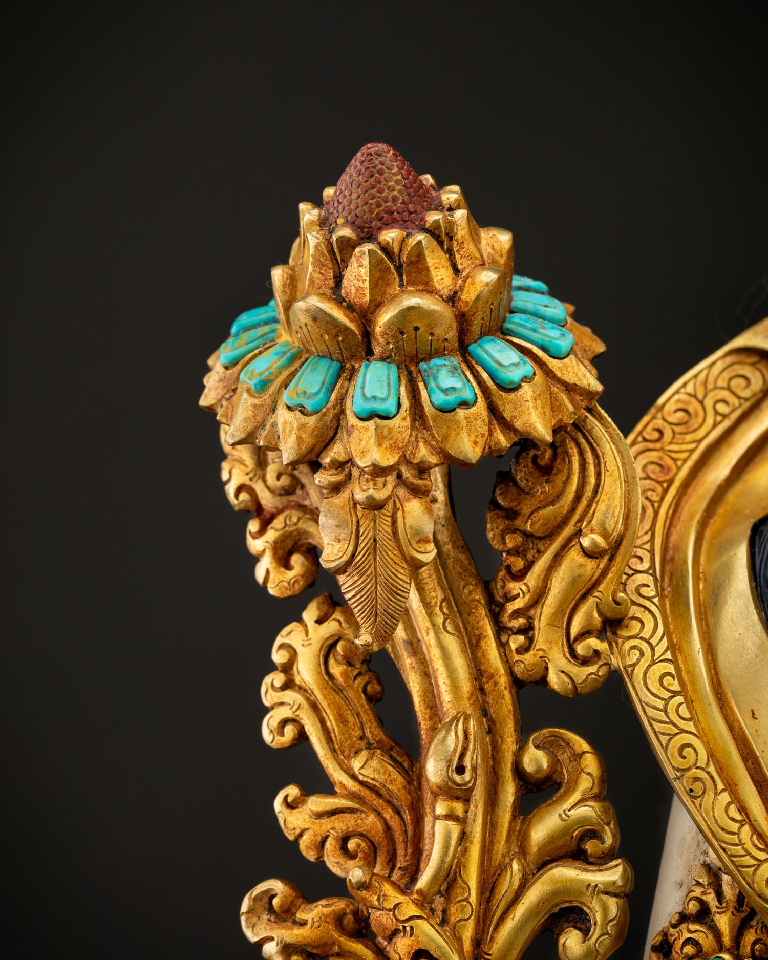 Chenrezig Statue lotus flower detail with turquoise and coral stone inlay, gold filigree Nepal