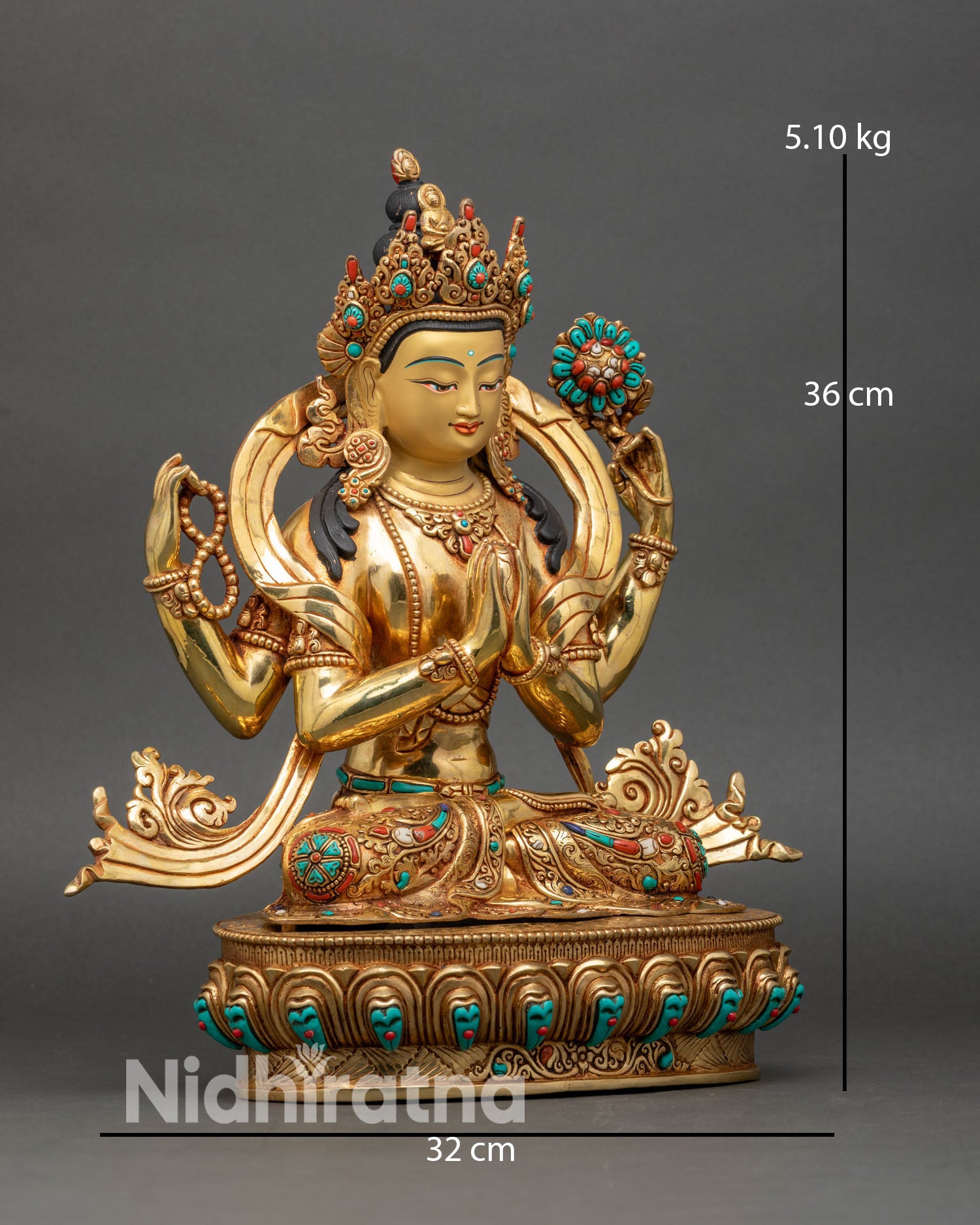 Chenrezig statue right side view showing four armed Avalokiteshvara form