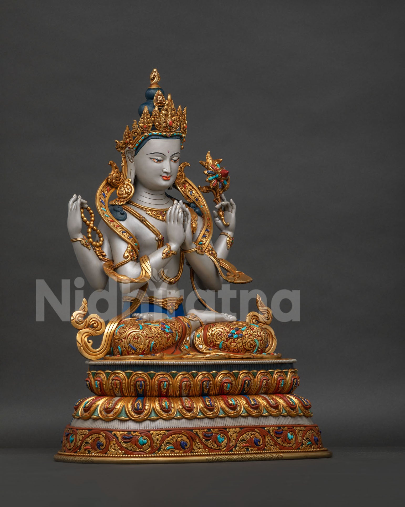 Chenrezig statue South Gyeongsang right side view showing copper craftsmanship, lotus pedestal and ornaments